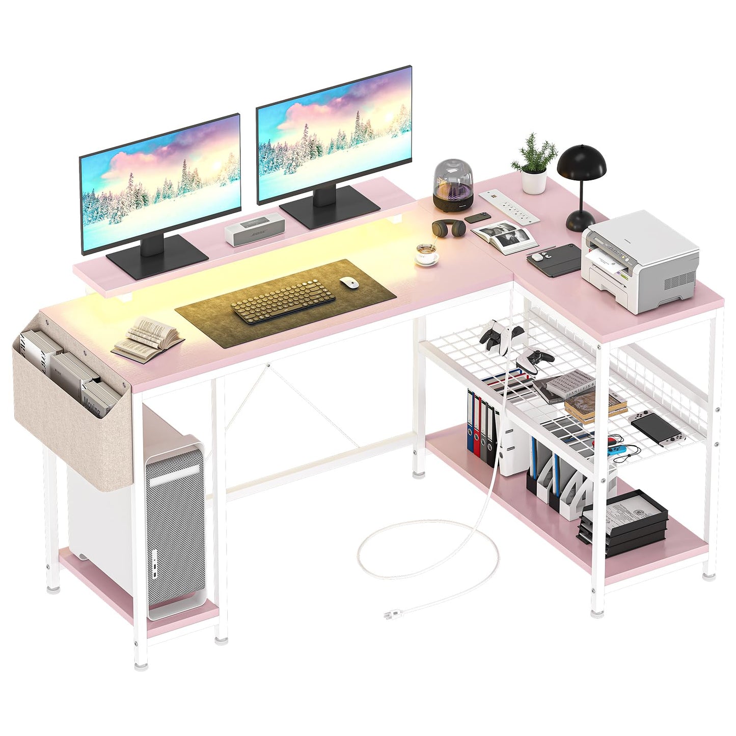 49" L Shaped Desk with Power Outlet & LED Lights, Reversible Corner Computer Desk with Storage Shelves & Monitor Stand, Home Office Desk for Gaming Writing Study (White)