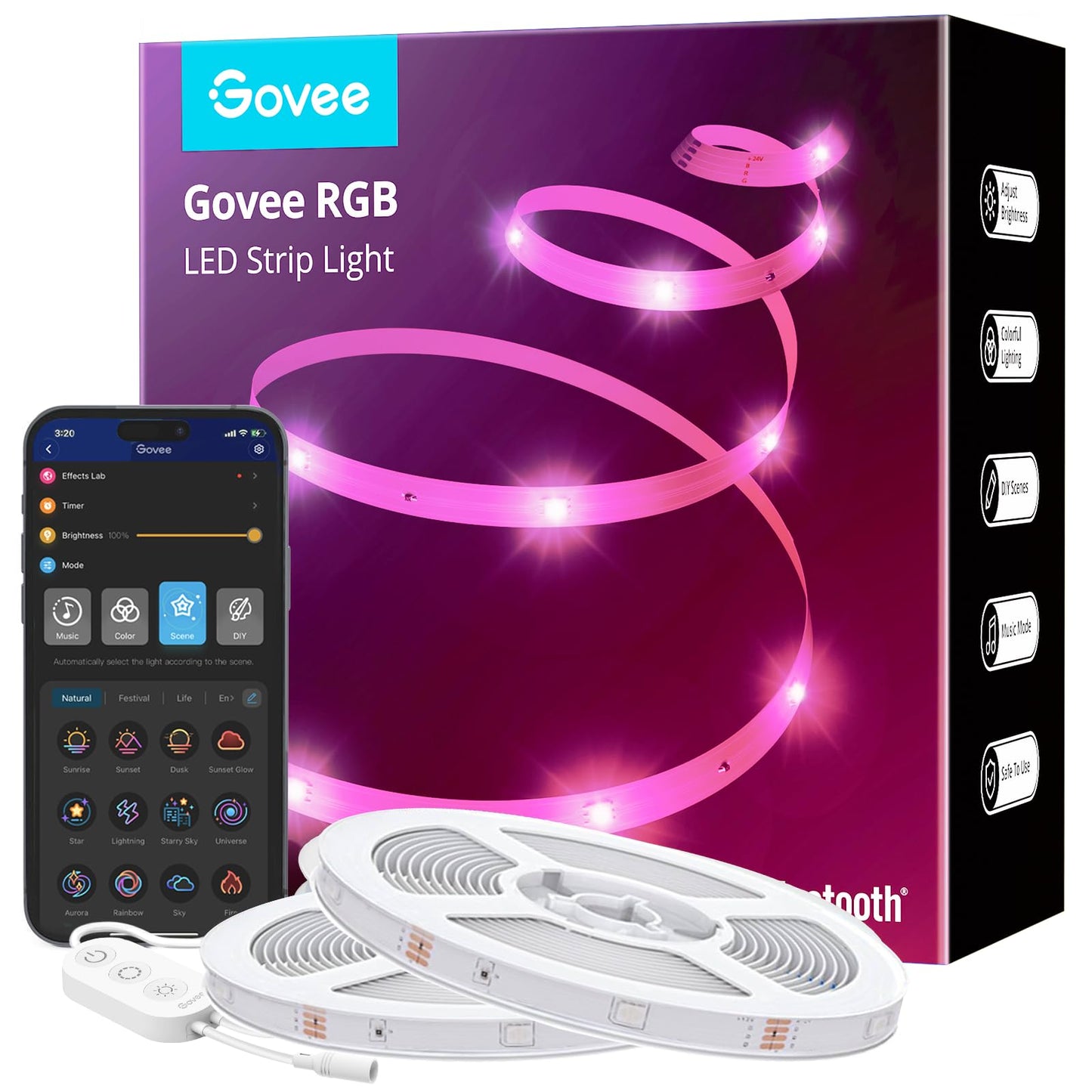 Govee 100ft LED Strip Lights, Bluetooth RGB Halloween LED Lights with App Control, 64 Scenes and Music Sync LED Strip Lighting for Bedroom, Living Room, Kitchen, Party, ETL Listed Adapter