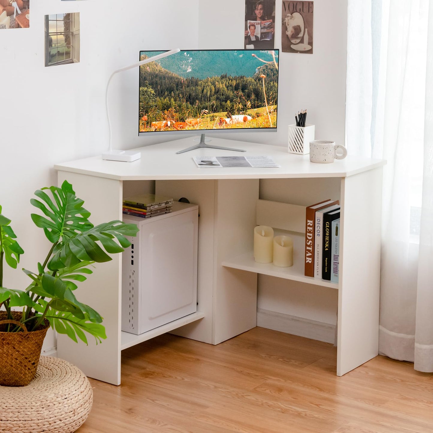 Tangkula Corner Desk, 90 Degrees Triangle Computer Desk for Small Space, Space Saving Bedroom Corner Makeup Vanity Desk with Storage Shelves & CPU Stand,