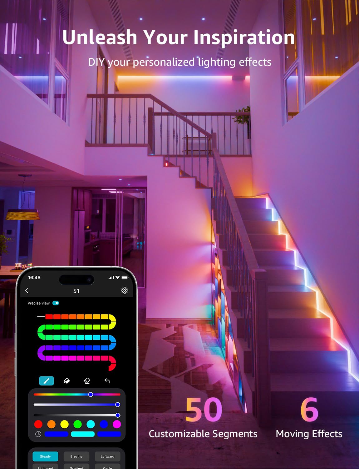 Lepro S1 AI LED Strip Lights for Bedroom - 32.8ft Smart Light Strips with IC and Rainbow Chasing Effects, Color Segment DIY, AI Generated Lighting LLM, AI Music Sync, Wi-Fi & Bluetooth RGB Lights