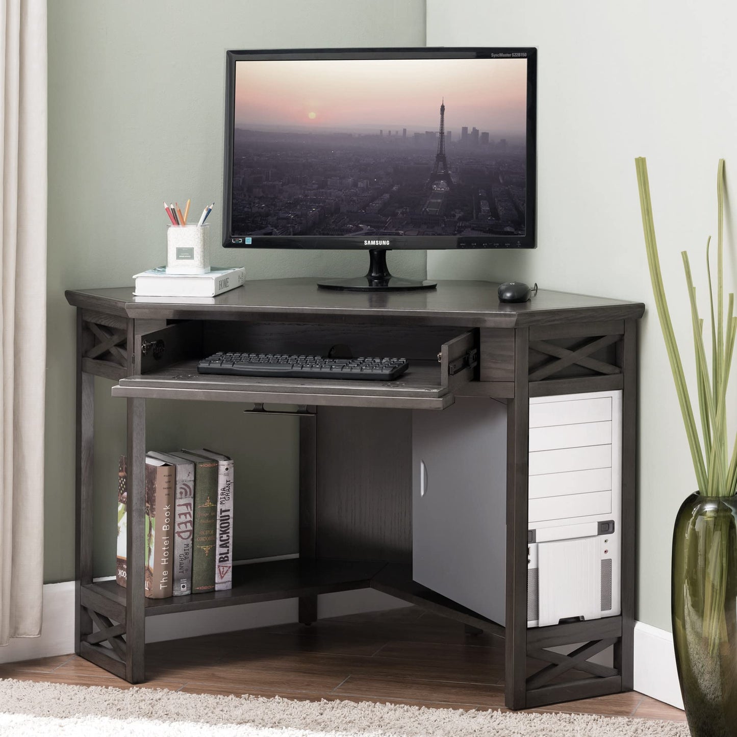 Leick Home 84430 Oak Corner Computer/Writing Desk with Drawer, Smoke Gray