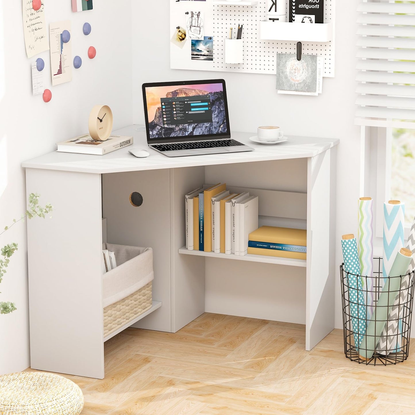 Tangkula Corner Desk, 90 Degrees Triangle Computer Desk for Small Space, Space Saving Bedroom Corner Makeup Vanity Desk with Storage Shelves & CPU Stand,