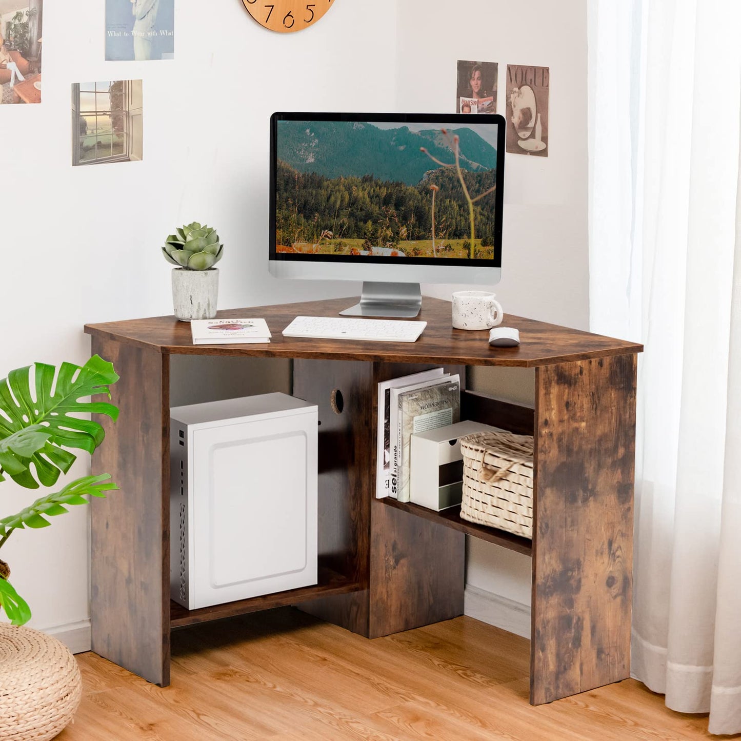 Tangkula Corner Desk, 90 Degrees Triangle Computer Desk for Small Space, Space Saving Bedroom Corner Makeup Vanity Desk with Storage Shelves & CPU Stand,