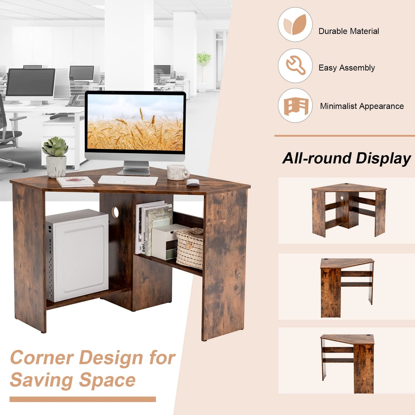 Tangkula Corner Desk, 90 Degrees Triangle Computer Desk for Small Space, Space Saving Bedroom Corner Makeup Vanity Desk with Storage Shelves & CPU Stand,