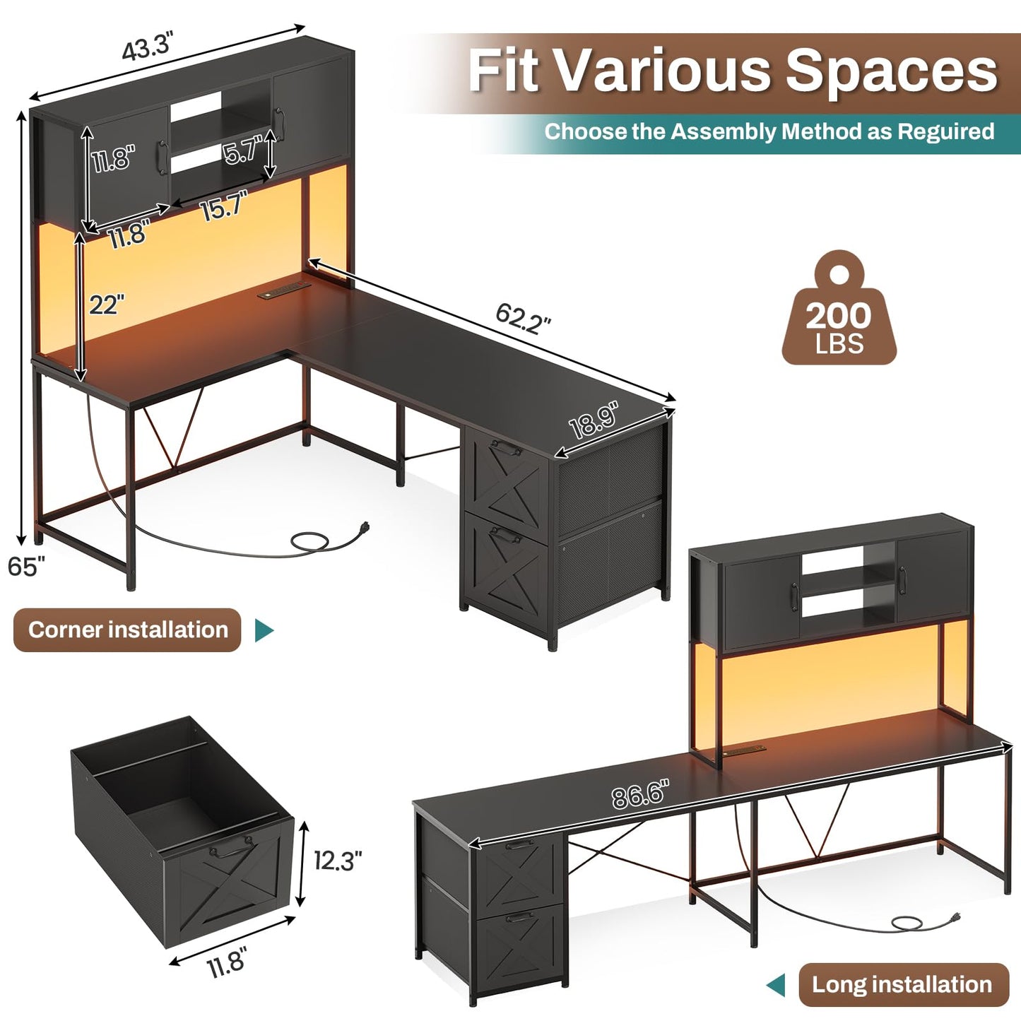 SEDETA Corner Computer Desk, Reversible L Shaped Computer Desk with Fabric Drawers and Power Outlet, Gaming Desk with Led Lights, Hutch and Storage Shelf for Home Office, Black