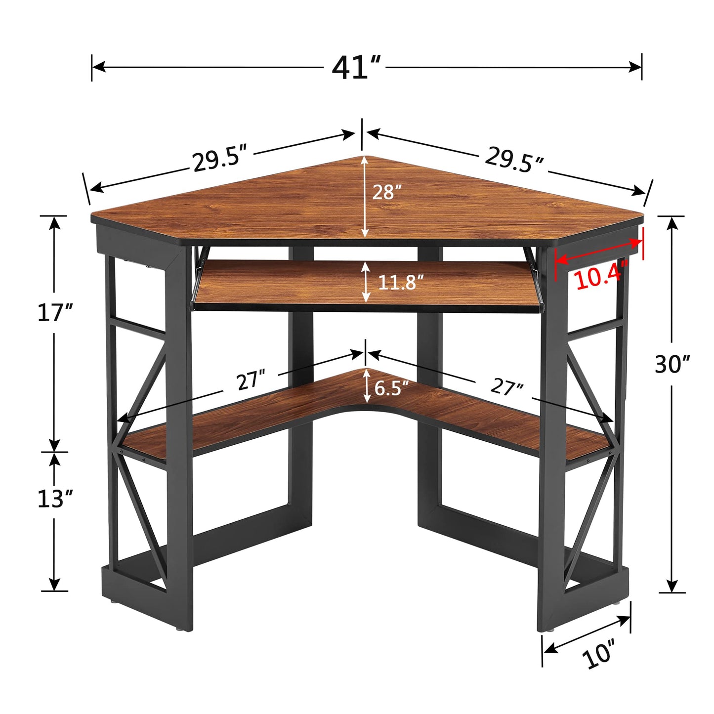 VECELO Corner Computer Desk Writing Smooth Keyboard Tray & Storage Shelves,Compact Home Office Triangle Table, Antique Brown