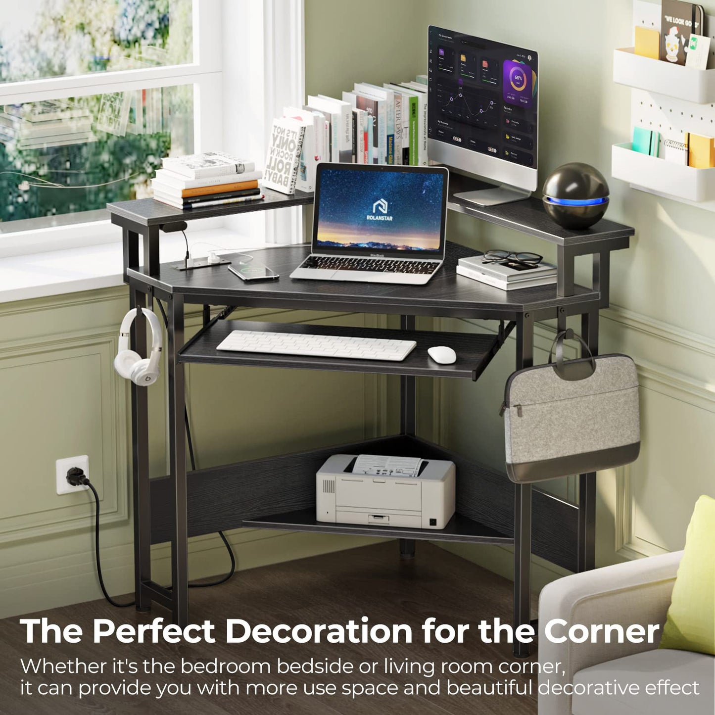 Rolanstar Corner Desk, 44.5"W x 34.5"H Small Computer Desk with Power Outlets & LED Lights, Triangle corner computer desk with Keyboard Tray & Monitor Stand for Small Space, Small Office Desk, White