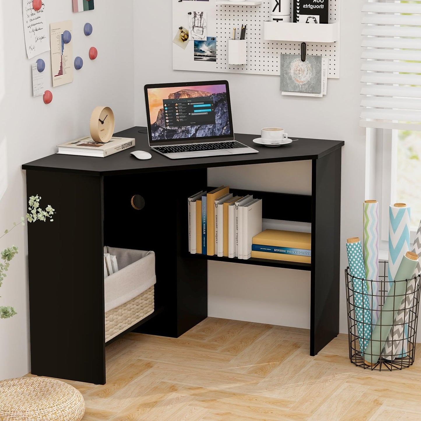 Tangkula Corner Desk, 90 Degrees Triangle Computer Desk for Small Space, Space Saving Bedroom Corner Makeup Vanity Desk with Storage Shelves & CPU Stand,