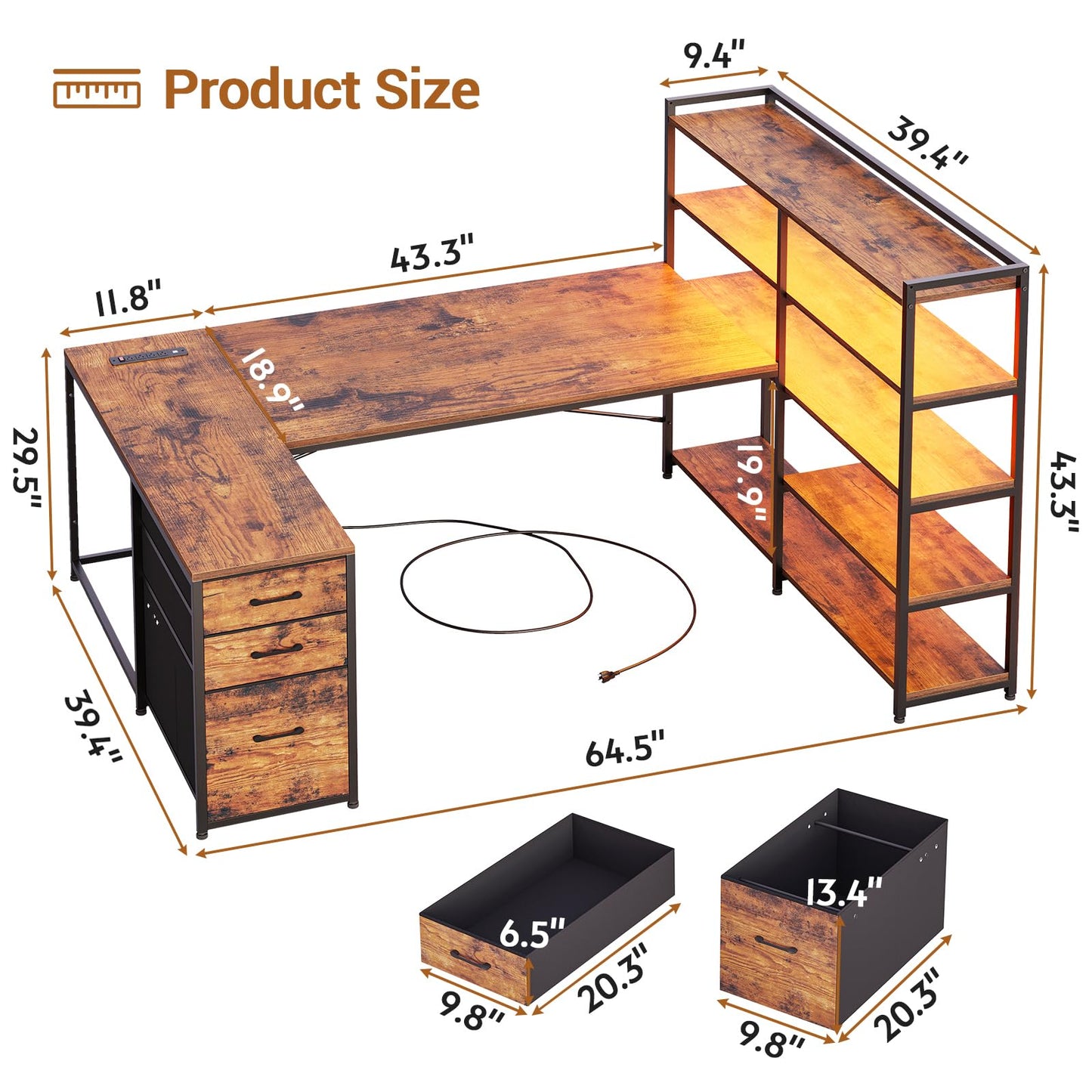 SEDETA Corner Computer Desk, Reversible U Shaped Office Desk with 3 Fabric Drawers and Power Outlet, Corner Gaming Desk with LED Lights, Storage Shelves, Grey