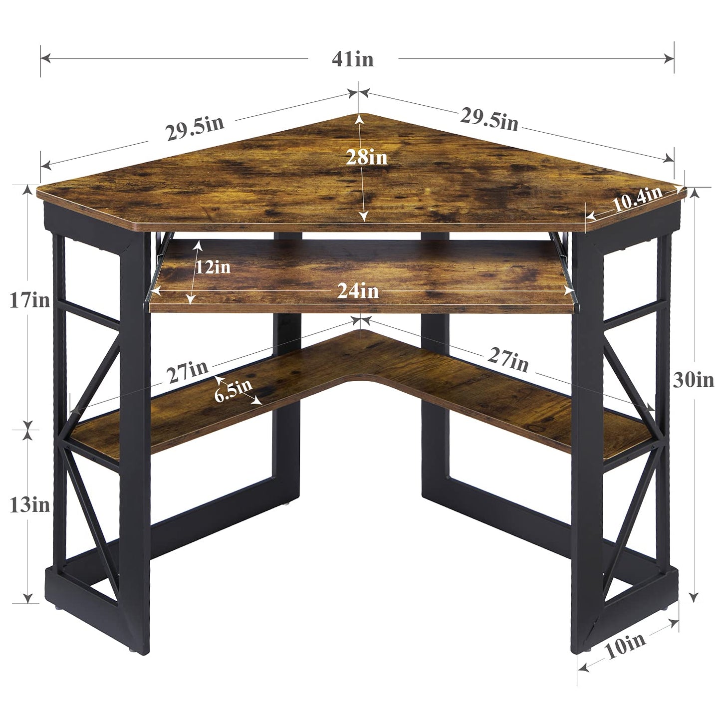 VECELO Corner Computer Desk Writing Smooth Keyboard Tray & Storage Shelves,Compact Home Office Triangle Table, Antique Brown