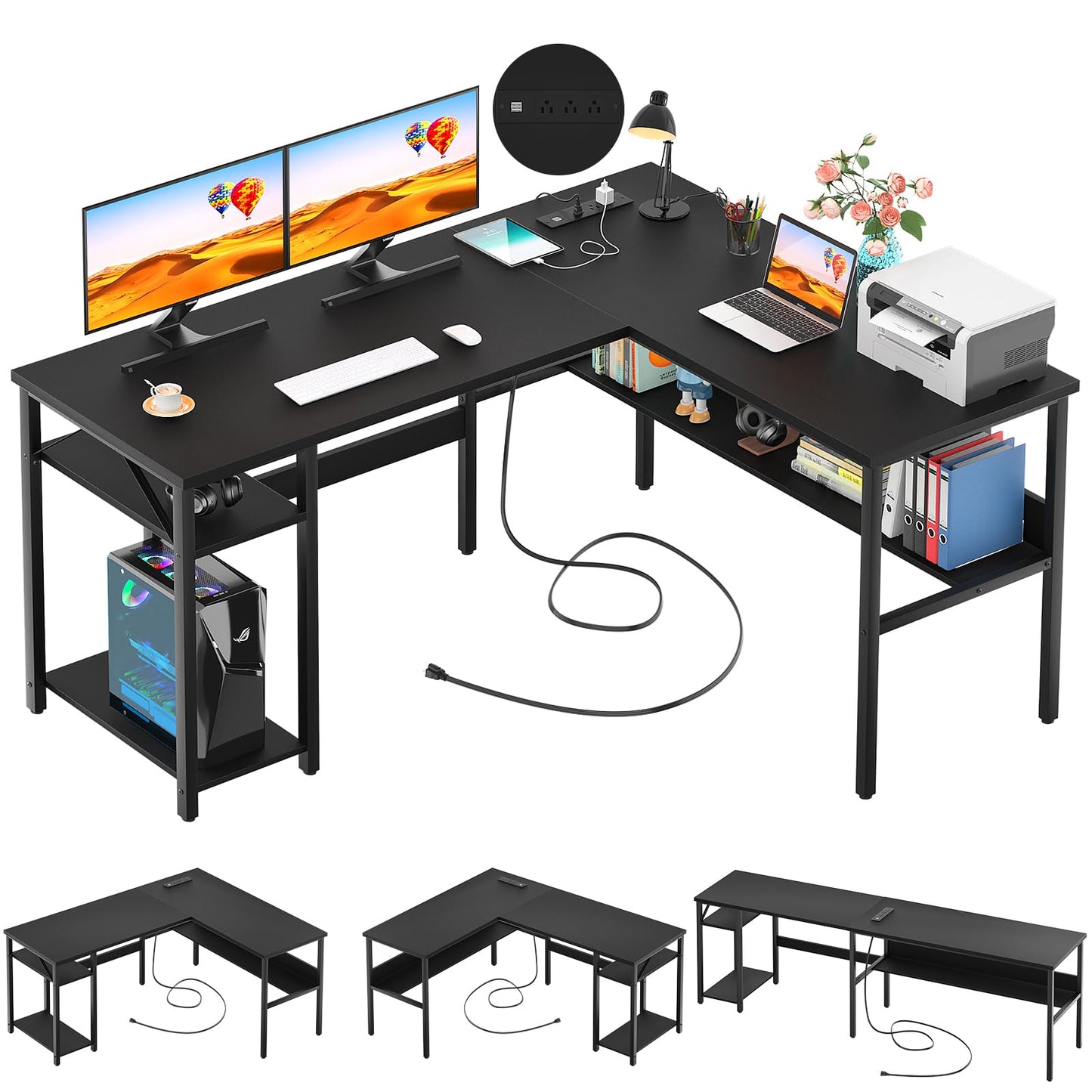 Unikito Reversible L Shaped Desk with Magic Power Outlets and USB Charging Ports, Sturdy Corner Computer Desk with Storage Shelves, Gaming Desk for Home Office, Easy to Assemble, Black Oak