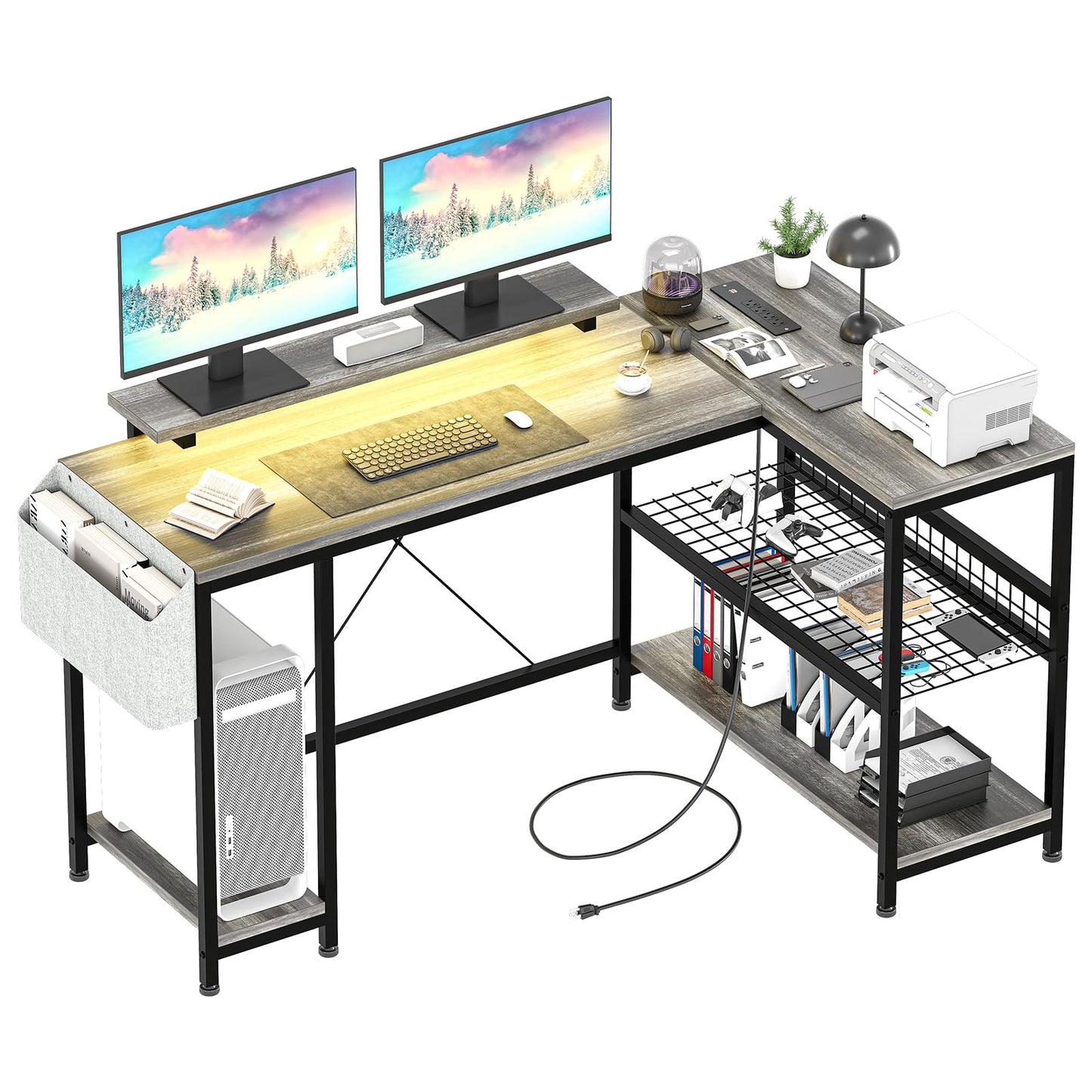 49" L Shaped Desk with Power Outlet & LED Lights, Reversible Corner Computer Desk with Storage Shelves & Monitor Stand, Home Office Desk for Gaming Writing Study (White)