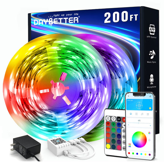 DAYBETTER LED Strip Lights 200 ft (2 Rolls of 100 ft), Smart App Control Lighting Bedroom Rome Decor with Remote, RGB Music Sync Color Changing LED Lights for Party