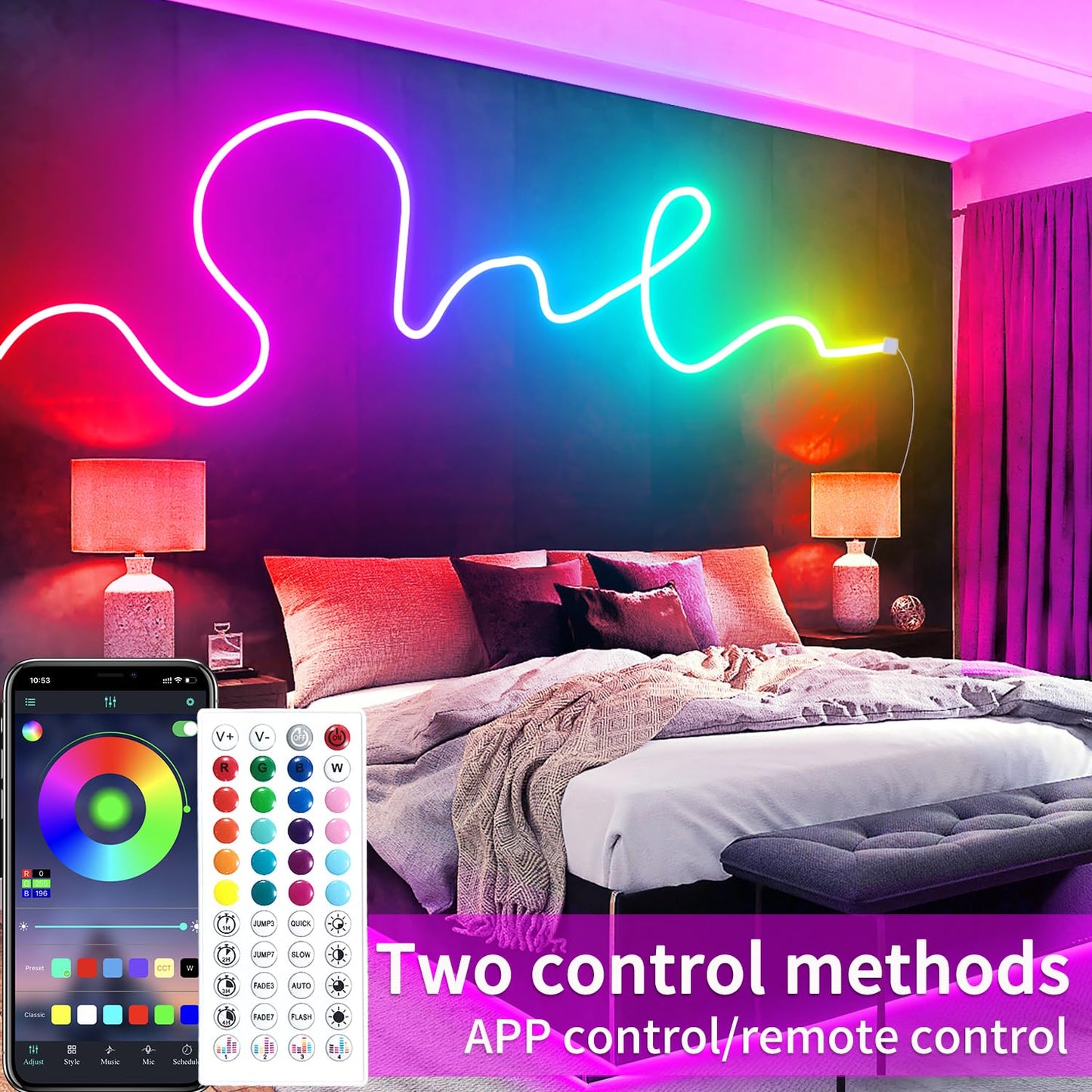 32.8ft LED neon Lights with Remote APP Control IP65 Waterproof Flexible Neon Strip Lights 24V RGB Rope Lights for Bedroom Room Outdoors Decor