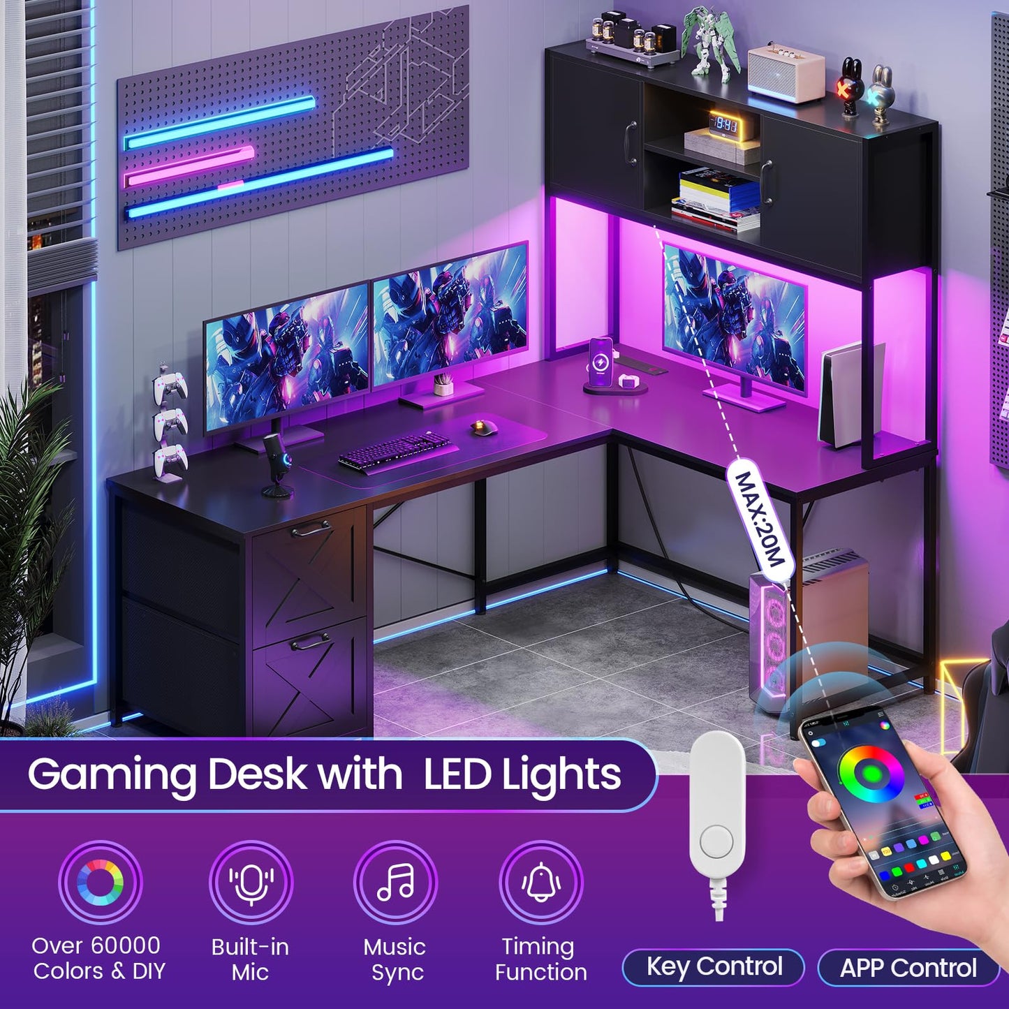 SEDETA Corner Computer Desk, Reversible L Shaped Computer Desk with Fabric Drawers and Power Outlet, Gaming Desk with Led Lights, Hutch and Storage Shelf for Home Office, Black