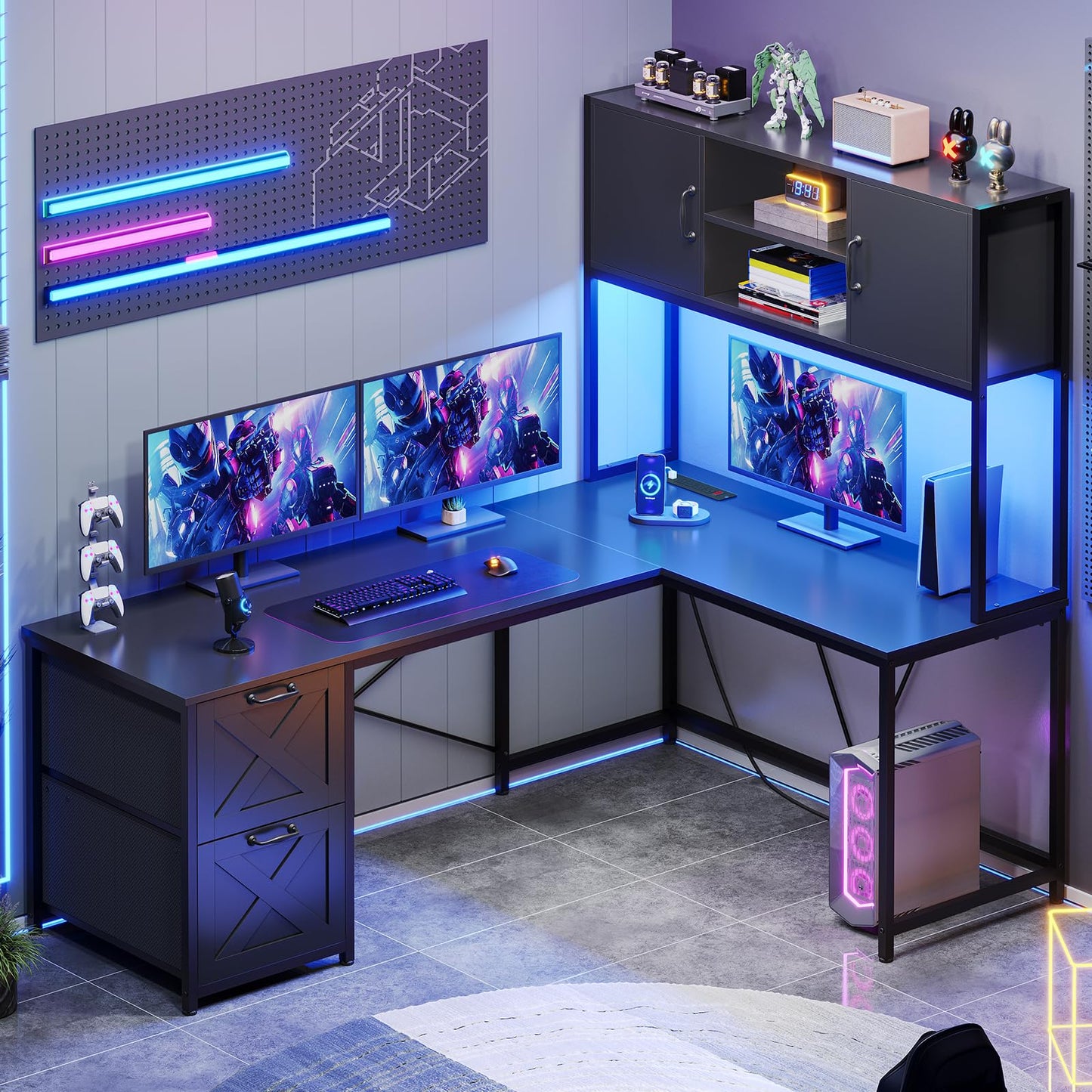 SEDETA Corner Computer Desk, Reversible L Shaped Computer Desk with Fabric Drawers and Power Outlet, Gaming Desk with Led Lights, Hutch and Storage Shelf for Home Office, Black