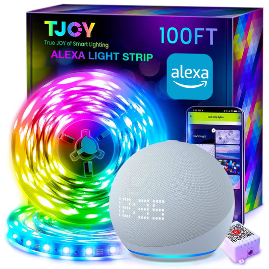 TJOY 100ft Smart Led Strip Lights for Bedroom, Work with Alexa, RGB Color Changing Music Sync Led Lights Strip with App Remote,Multi-Color Wireless Led Lights for Bedroom (APP+Remote+Voice)