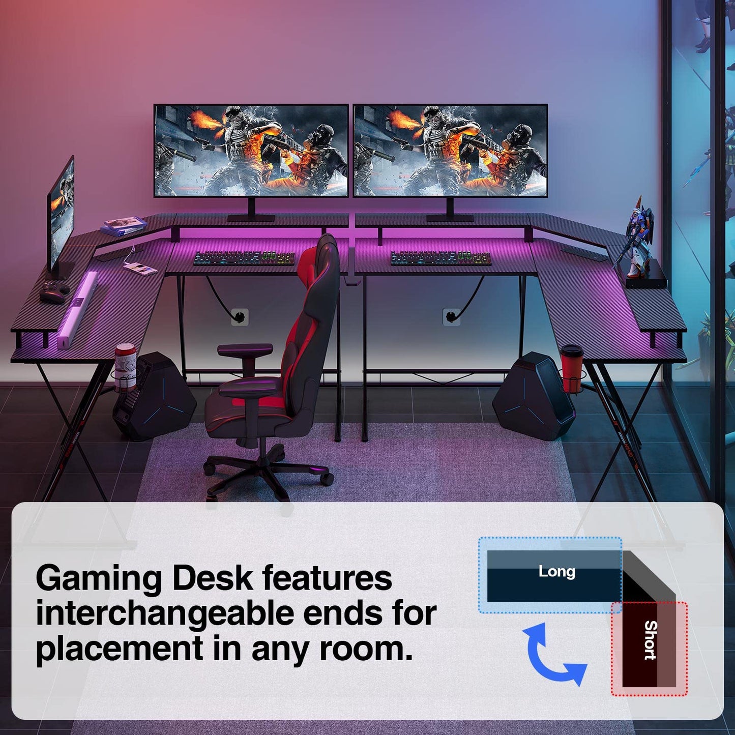 SEVEN WARRIOR L Shaped Gaming Desk with LED Lights & Power Outlets, 50.4” Computer Desk with Monitor Stand & Carbon Fiber Surface, Corner Desk with Cup Holder, Gaming Table with Hooks, Black