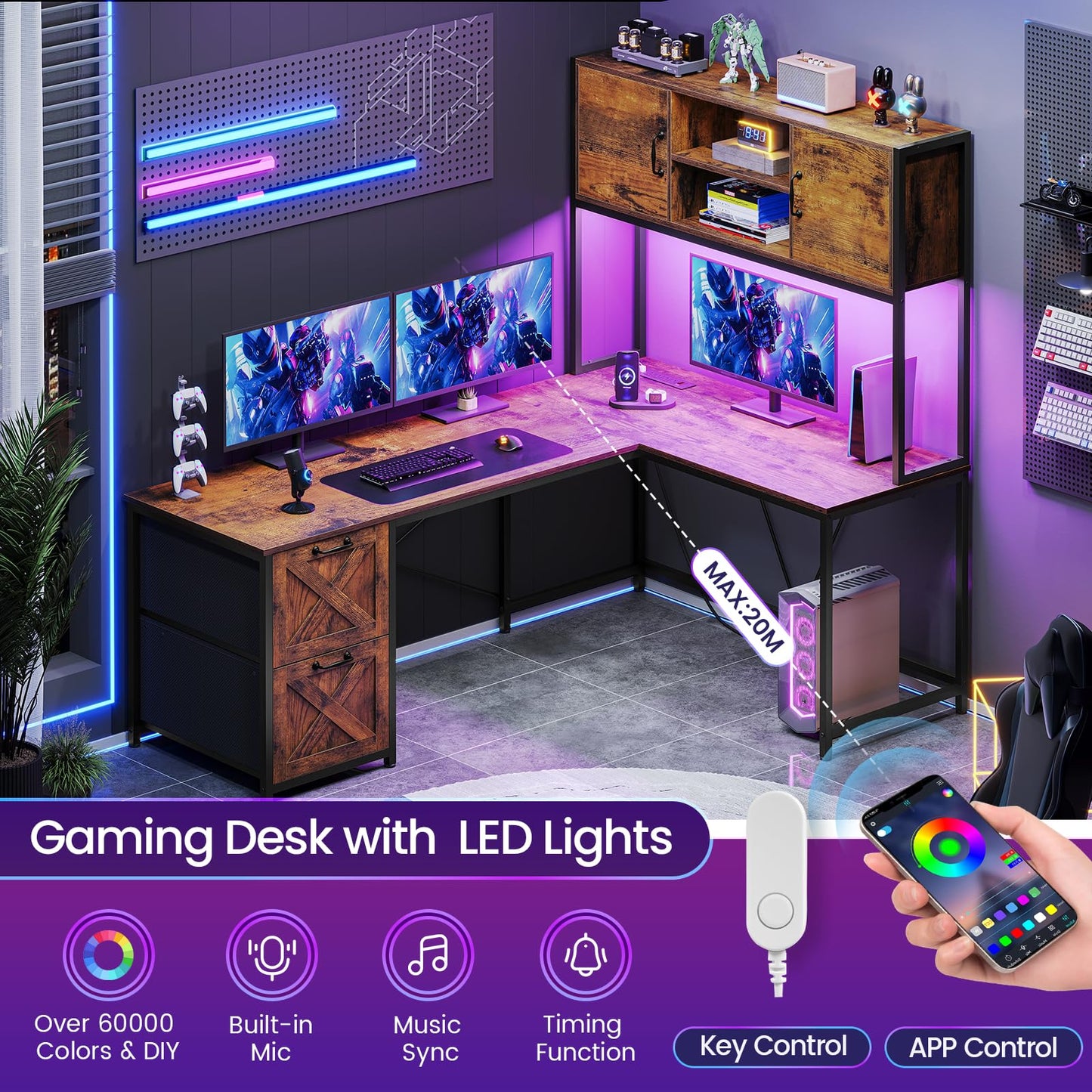 SEDETA Corner Computer Desk, Reversible L Shaped Computer Desk with Fabric Drawers and Power Outlet, Gaming Desk with Led Lights, Hutch and Storage Shelf for Home Office, Black