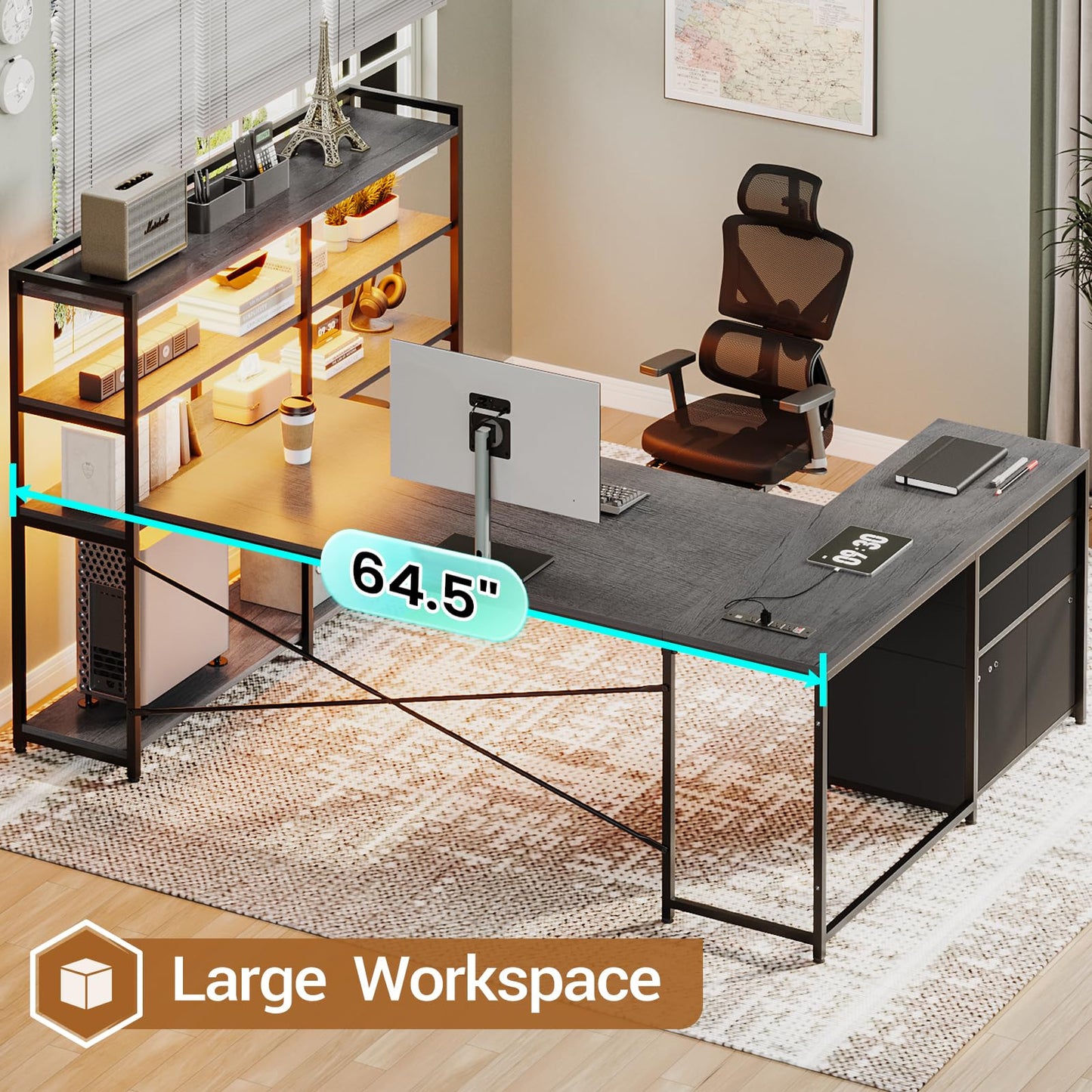 SEDETA Corner Computer Desk, Reversible U Shaped Office Desk with 3 Fabric Drawers and Power Outlet, Corner Gaming Desk with LED Lights, Storage Shelves, Grey