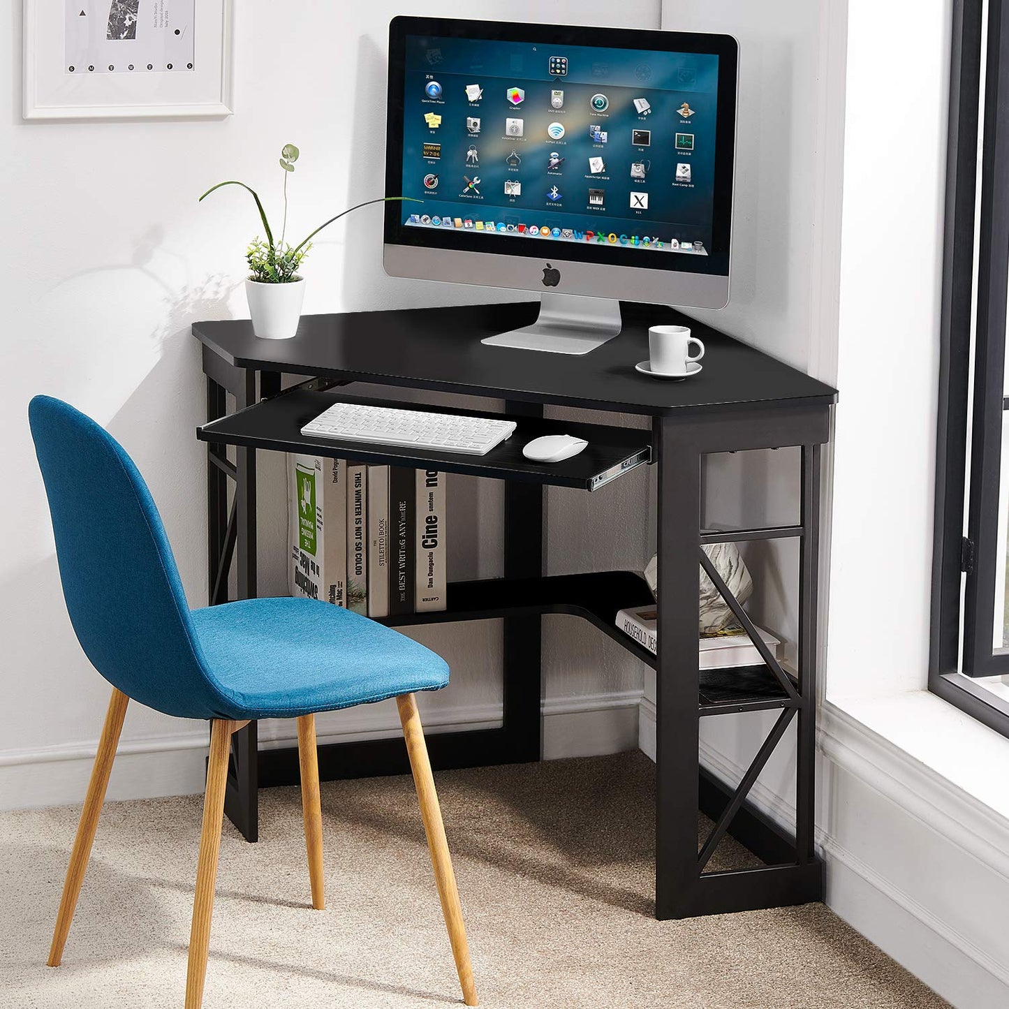 VECELO Corner Computer Desk 41 x 30 inches with Smooth Keyboard & Storage Shelves for Home Office Workstation, Black