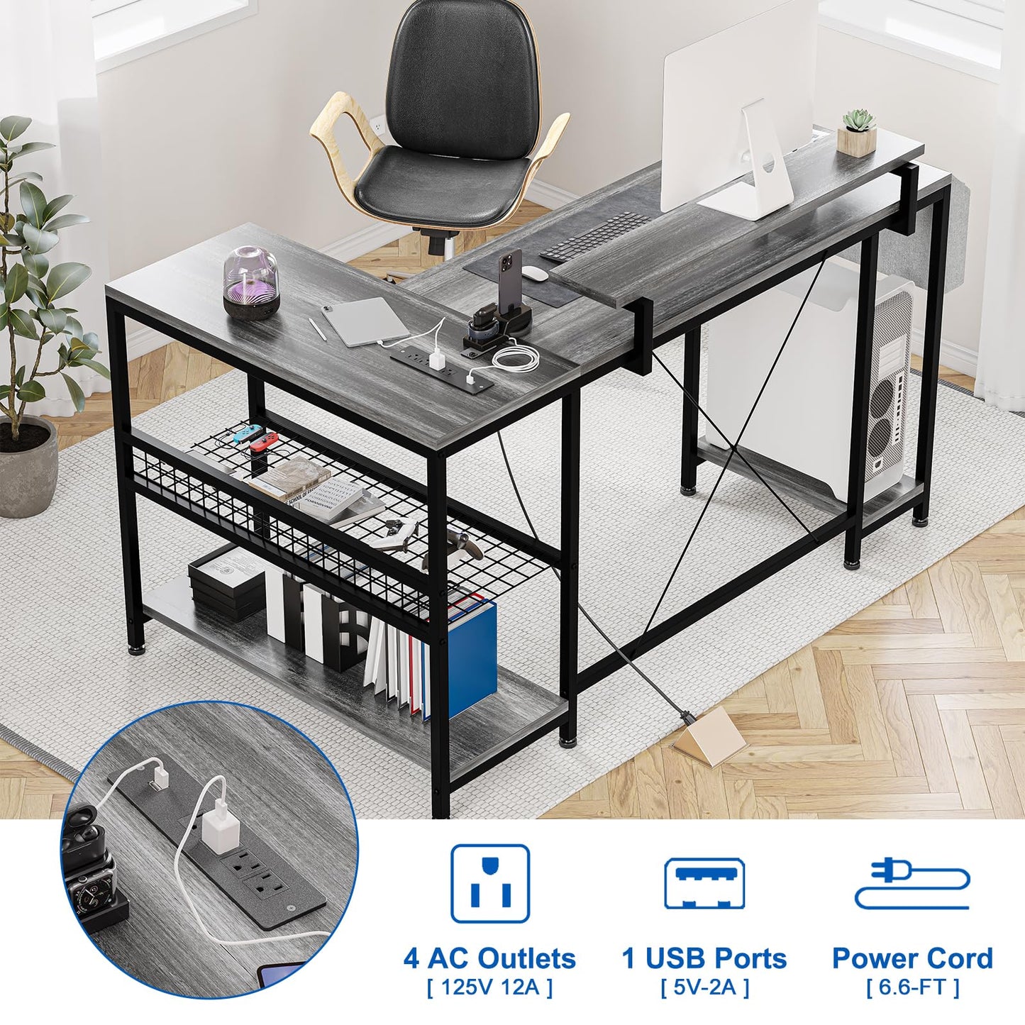 49" L Shaped Desk with Power Outlet & LED Lights, Reversible Corner Computer Desk with Storage Shelves & Monitor Stand, Home Office Desk for Gaming Writing Study (White)