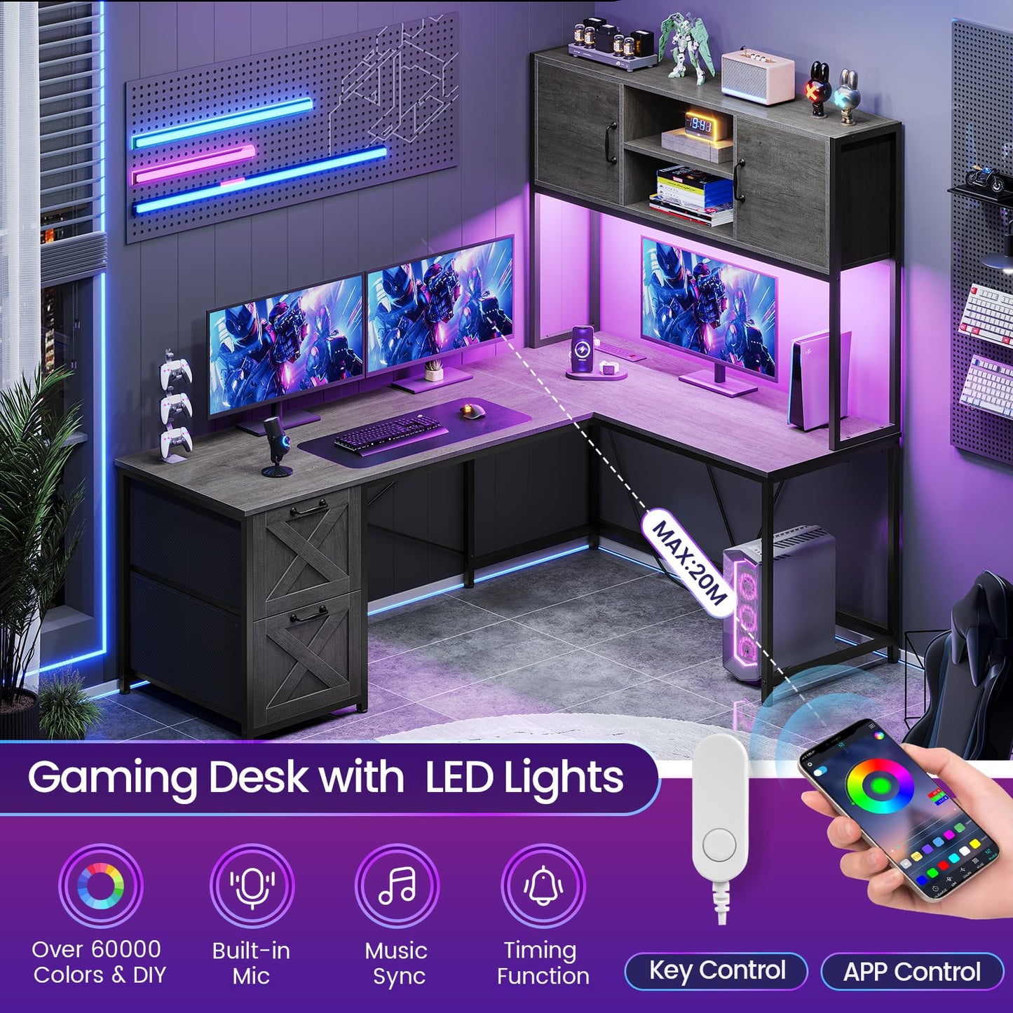 SEDETA Corner Computer Desk, Reversible L Shaped Computer Desk with Fabric Drawers and Power Outlet, Gaming Desk with Led Lights, Hutch and Storage Shelf for Home Office, Black