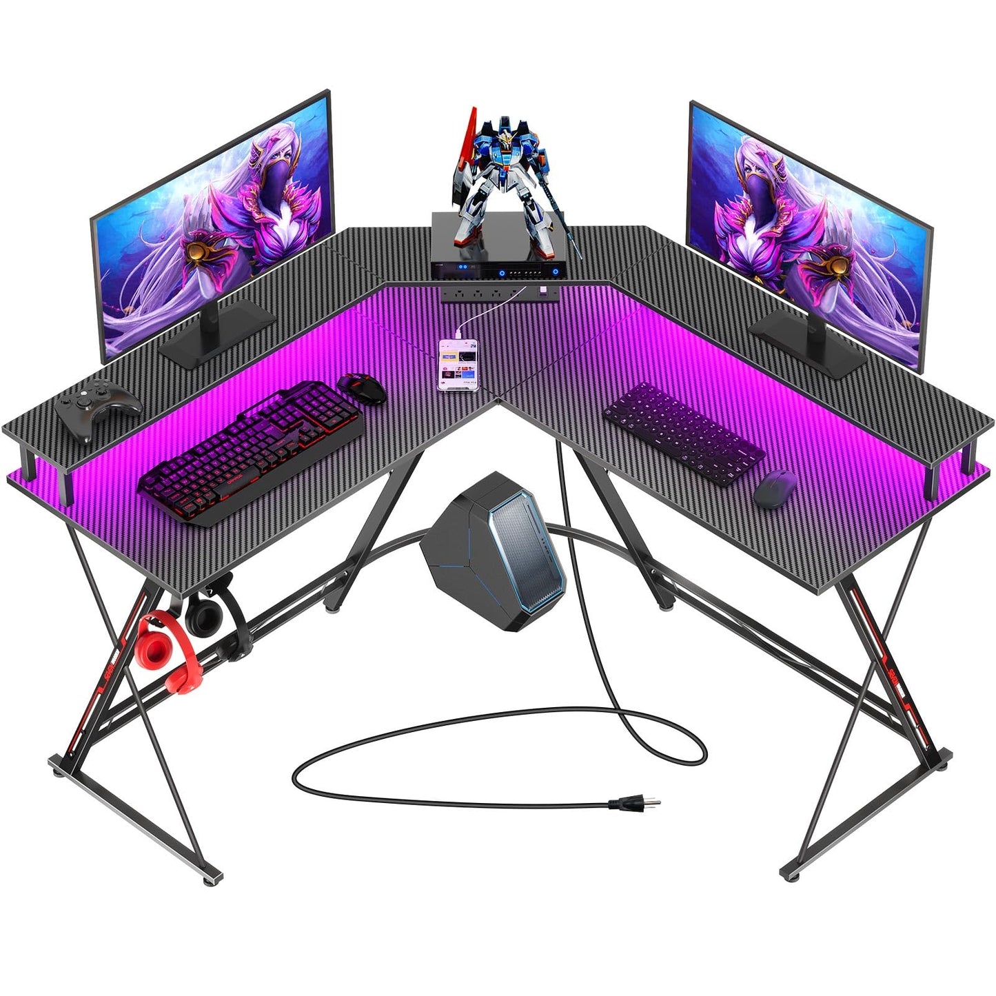 SEVEN WARRIOR L Shaped Gaming Desk with LED Lights & Power Outlets, 50.4” Computer Desk with Monitor Stand & Carbon Fiber Surface, Corner Desk with Cup Holder, Gaming Table with Hooks, Black