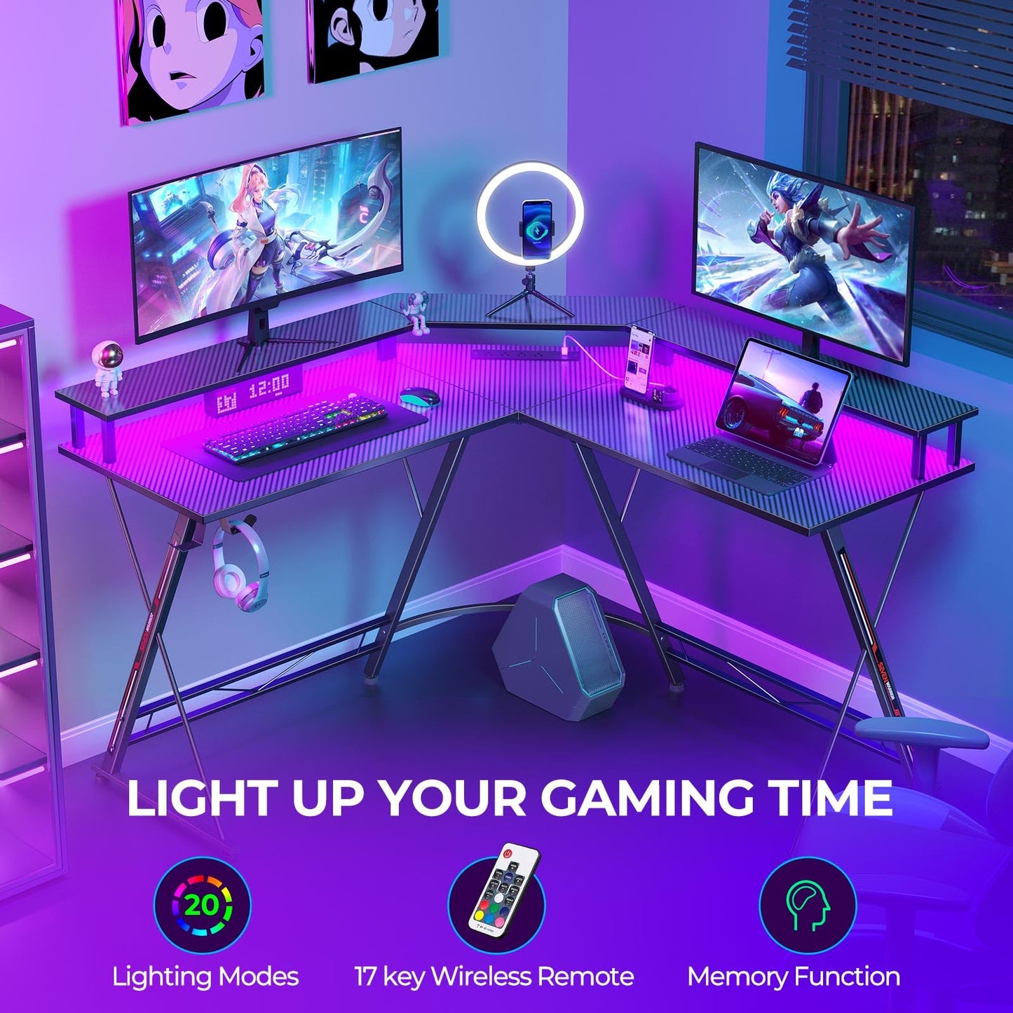 SEVEN WARRIOR L Shaped Gaming Desk with LED Lights & Power Outlets, 50.4” Computer Desk with Monitor Stand & Carbon Fiber Surface, Corner Desk with Cup Holder, Gaming Table with Hooks, Black