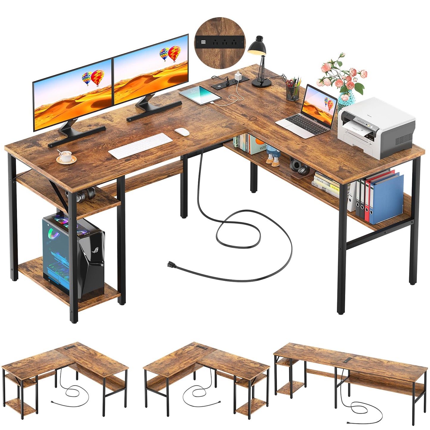 Unikito Reversible L Shaped Desk with Magic Power Outlets and USB Charging Ports, Sturdy Corner Computer Desk with Storage Shelves, Gaming Desk for Home Office, Easy to Assemble, Black Oak