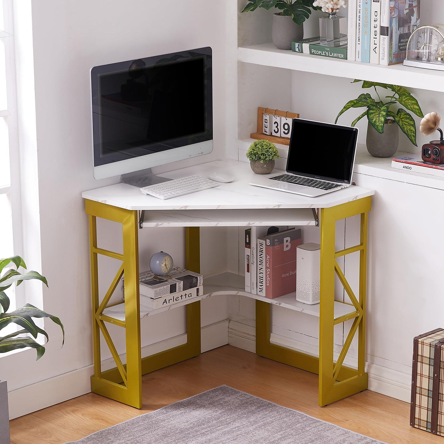 VECELO Corner Computer Desk Writing Smooth Keyboard Tray & Storage Shelves,Compact Home Office Triangle Table, Antique Brown