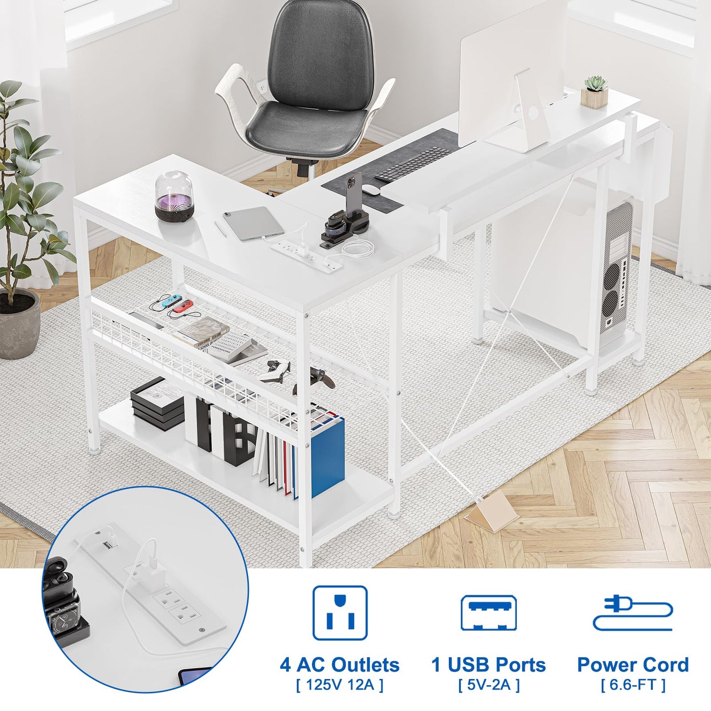 49" L Shaped Desk with Power Outlet & LED Lights, Reversible Corner Computer Desk with Storage Shelves & Monitor Stand, Home Office Desk for Gaming Writing Study (White)