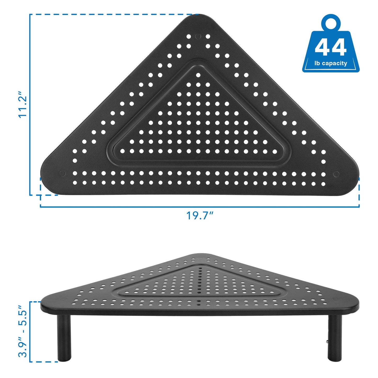 Corner Monitor Stand | Adjustable Height Corner Desk Shelf | Triangle Screen Riser, Ergonomic Space Saving Design, Ventilated. (Metal, Black)