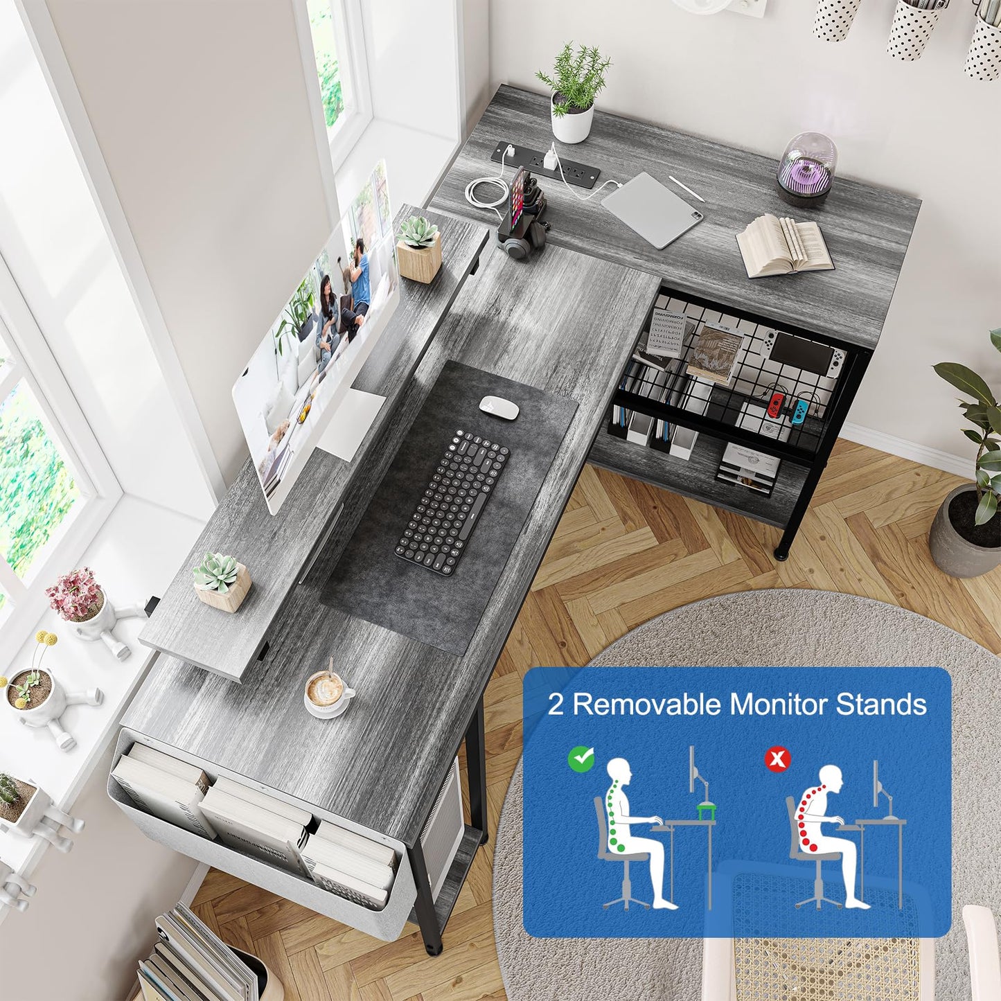 49" L Shaped Desk with Power Outlet & LED Lights, Reversible Corner Computer Desk with Storage Shelves & Monitor Stand, Home Office Desk for Gaming Writing Study (White)