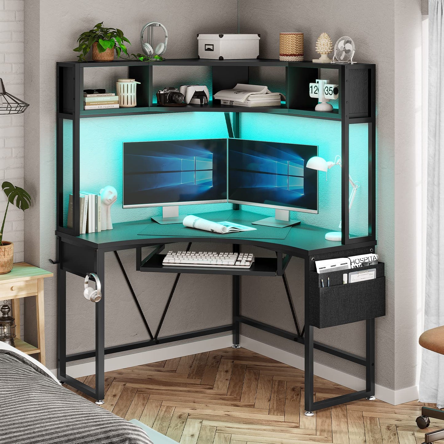 SEDETA Corner Desk, Small Computer Desk with Hutch & LED Lights, Triangle Corner Computer Desk with Keyboard Tray, Storage Bag, and Headphone Hook for Small Space, Small Office Desk, Rustic Brown