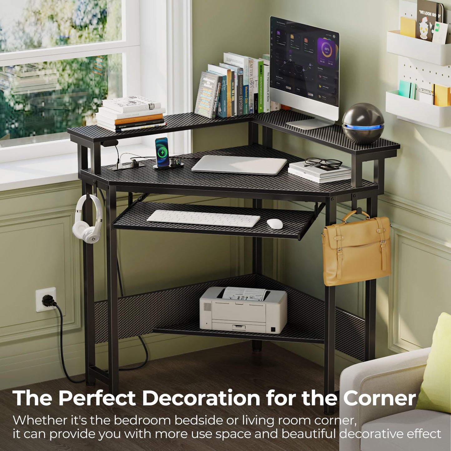 Rolanstar Corner Desk, 44.5"W x 34.5"H Small Computer Desk with Power Outlets & LED Lights, Triangle corner computer desk with Keyboard Tray & Monitor Stand for Small Space, Small Office Desk, White