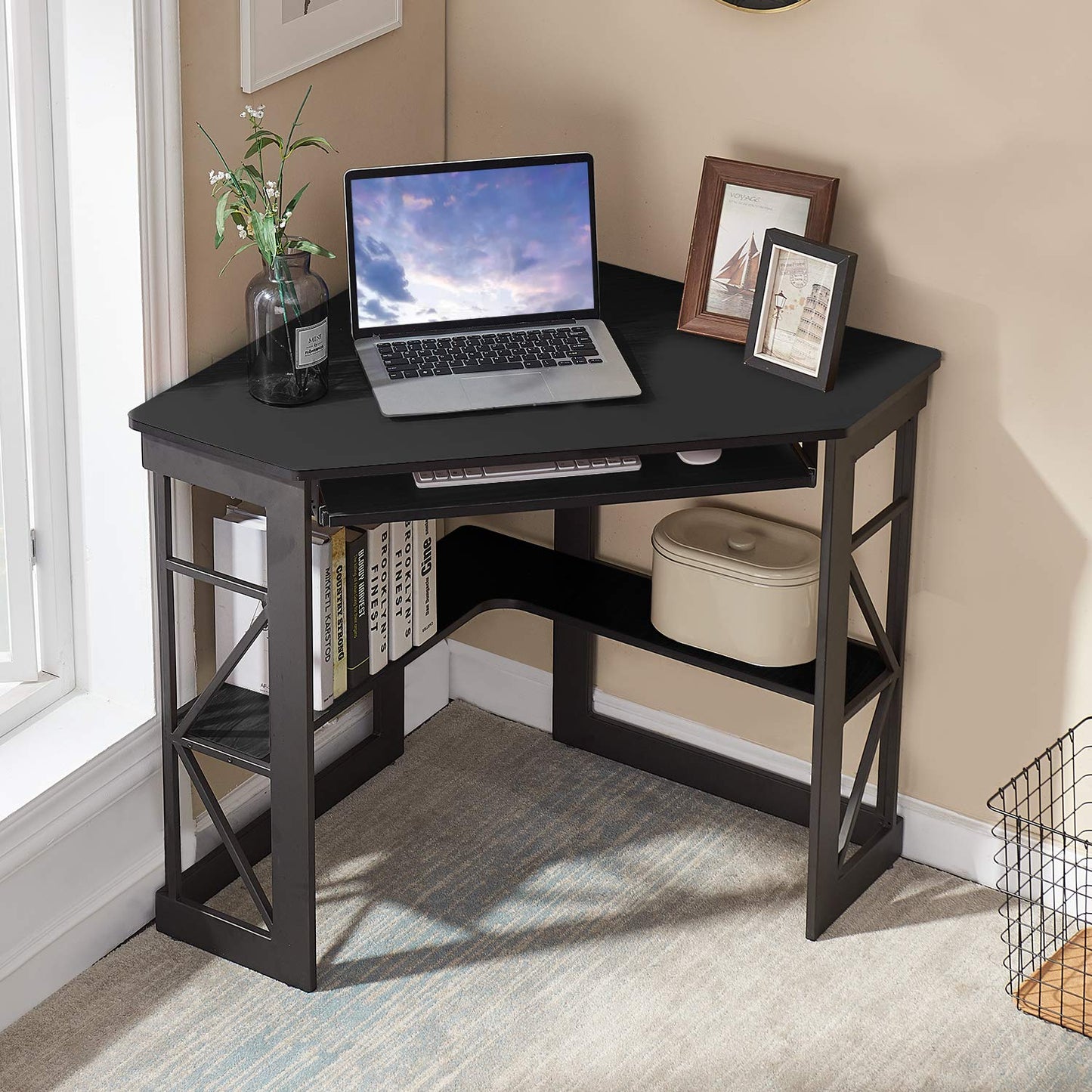 VECELO Corner Computer Desk Writing Smooth Keyboard Tray & Storage Shelves,Compact Home Office Triangle Table, Antique Brown