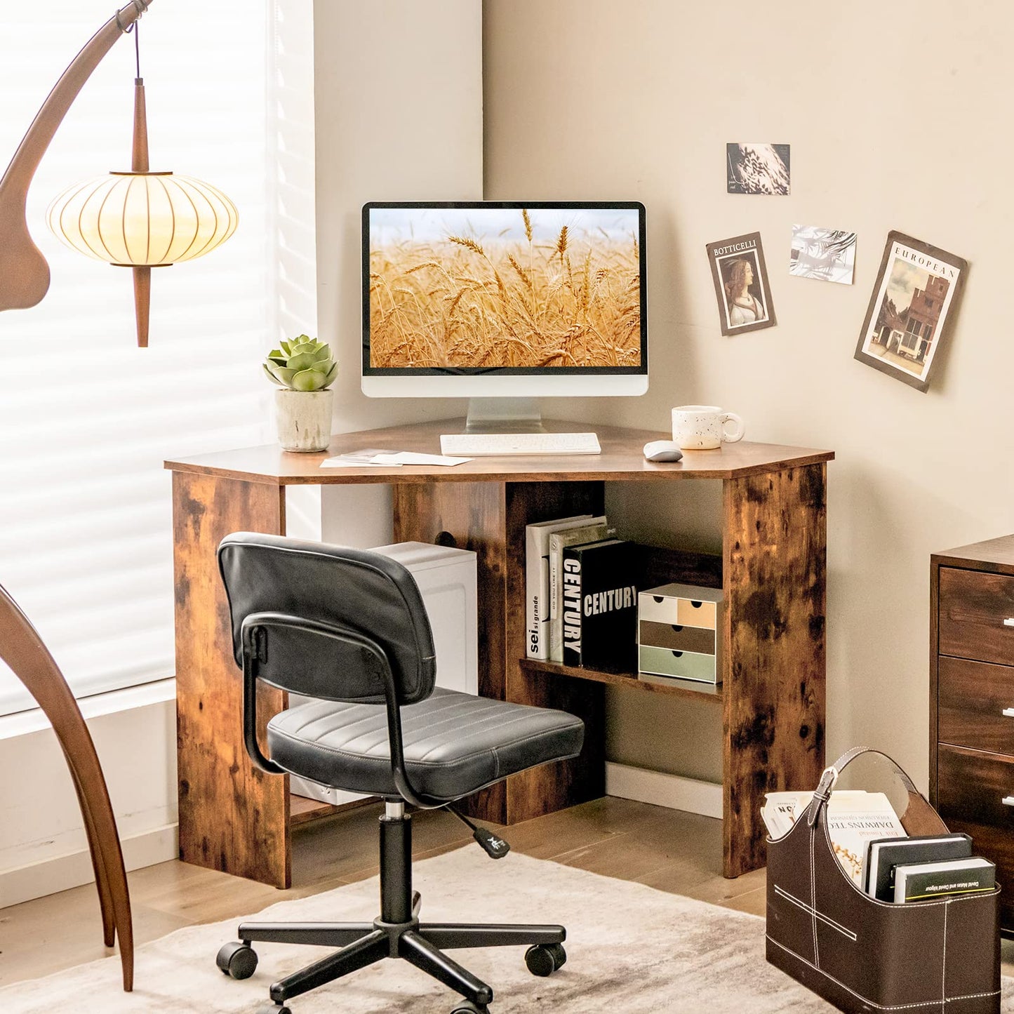 Tangkula Corner Desk, 90 Degrees Triangle Computer Desk for Small Space, Space Saving Bedroom Corner Makeup Vanity Desk with Storage Shelves & CPU Stand,