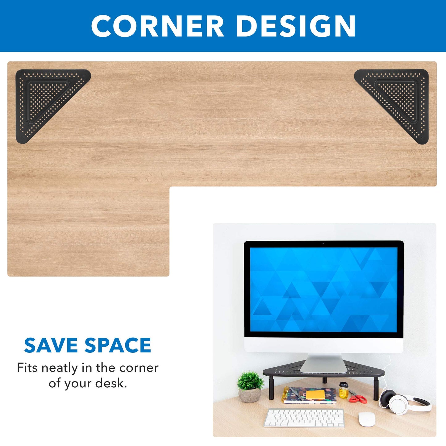 Corner Monitor Stand | Adjustable Height Corner Desk Shelf | Triangle Screen Riser, Ergonomic Space Saving Design, Ventilated. (Metal, Black)