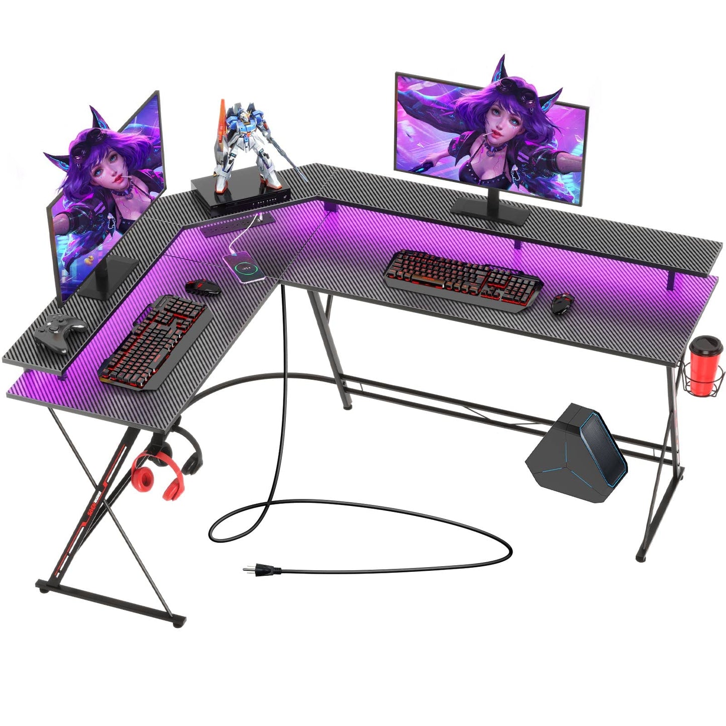 SEVEN WARRIOR L Shaped Gaming Desk with LED Lights & Power Outlets, 50.4” Computer Desk with Monitor Stand & Carbon Fiber Surface, Corner Desk with Cup Holder, Gaming Table with Hooks, Black