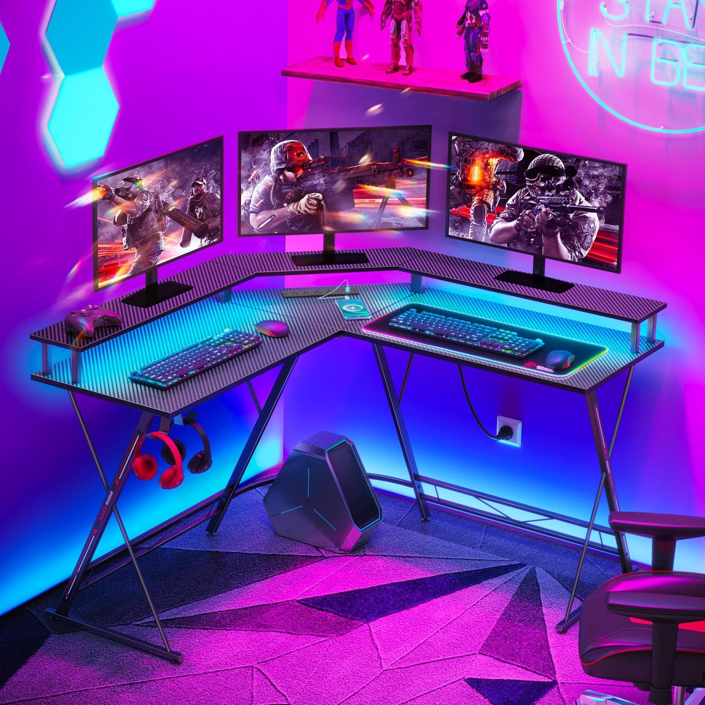 SEVEN WARRIOR L Shaped Gaming Desk with LED Lights & Power Outlets, 50.4” Computer Desk with Monitor Stand & Carbon Fiber Surface, Corner Desk with Cup Holder, Gaming Table with Hooks, Black