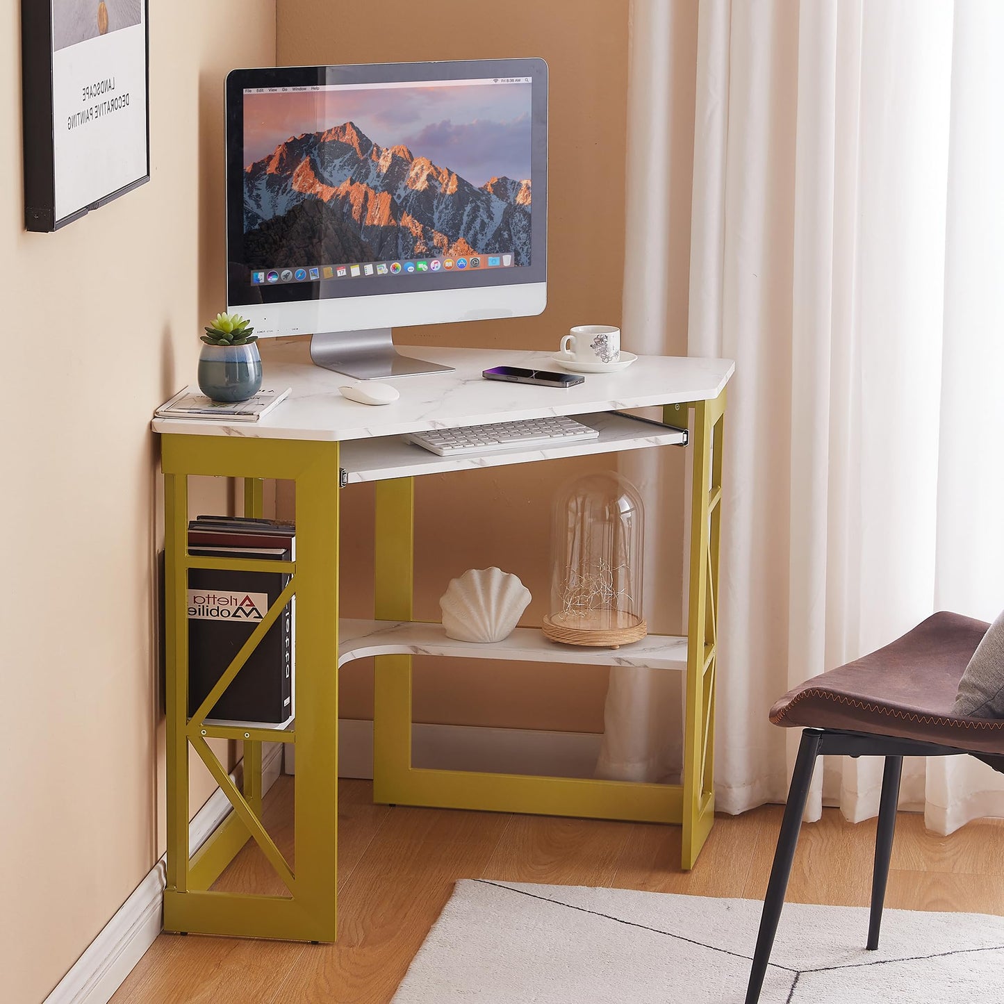 VECELO Corner Computer Desk Writing Smooth Keyboard Tray & Storage Shelves,Compact Home Office Triangle Table, Antique Brown