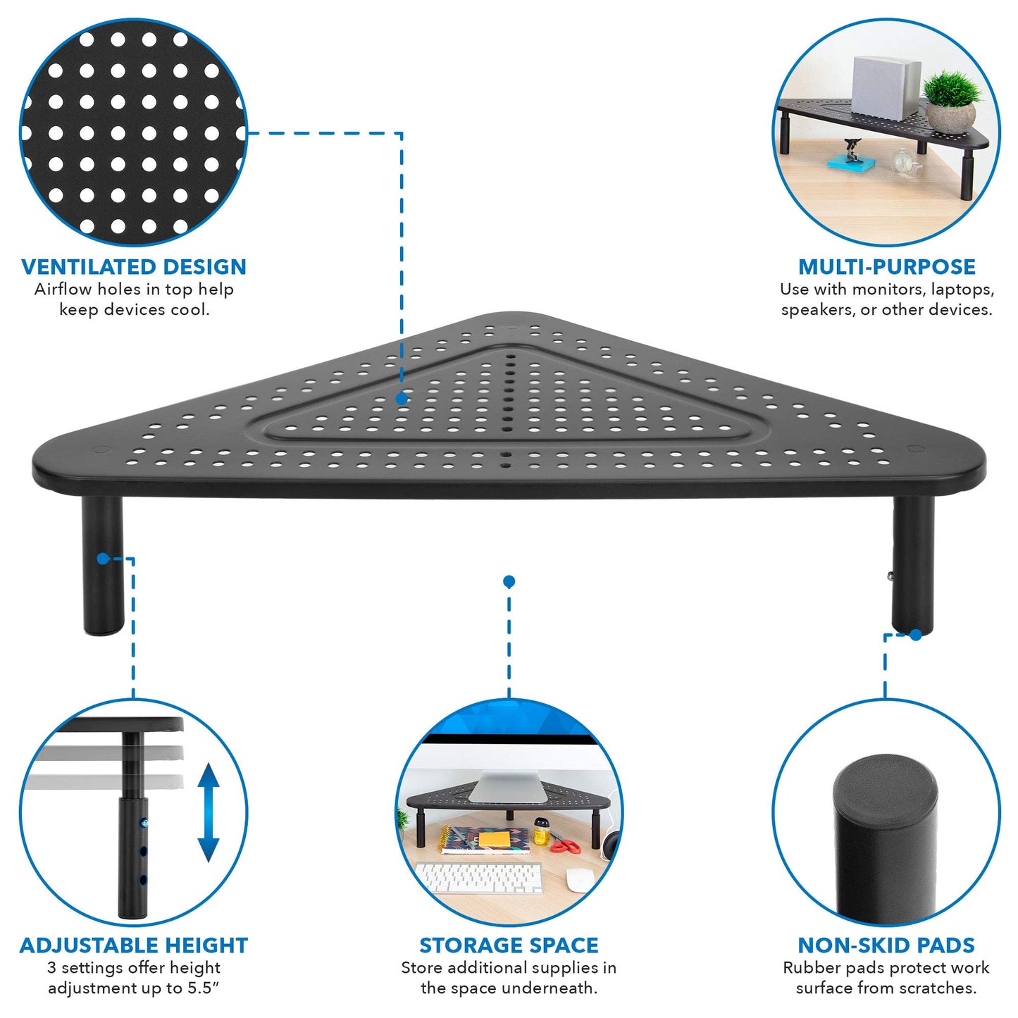 Corner Monitor Stand | Adjustable Height Corner Desk Shelf | Triangle Screen Riser, Ergonomic Space Saving Design, Ventilated. (Metal, Black)