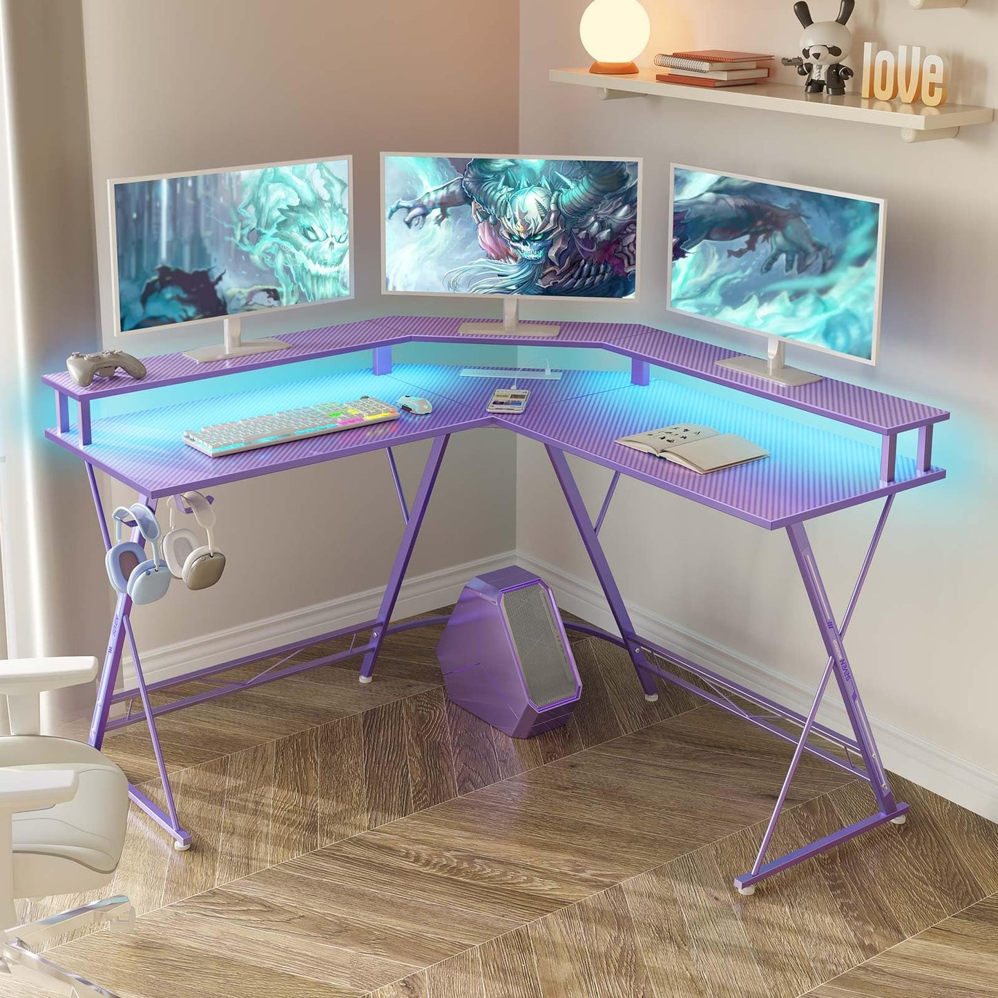 SEVEN WARRIOR L Shaped Gaming Desk with LED Lights & Power Outlets, 50.4” Computer Desk with Monitor Stand & Carbon Fiber Surface, Corner Desk with Cup Holder, Gaming Table with Hooks, Black