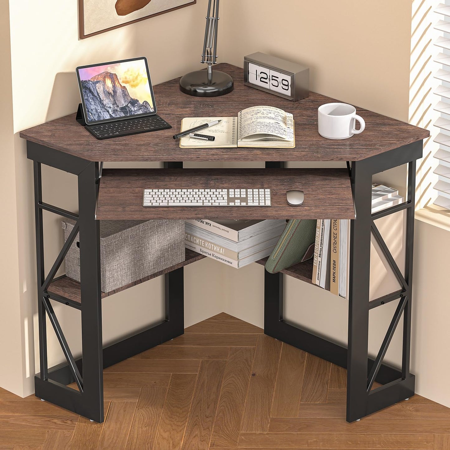 VECELO Corner Computer Desk Writing Smooth Keyboard Tray & Storage Shelves,Compact Home Office Triangle Table, Antique Brown