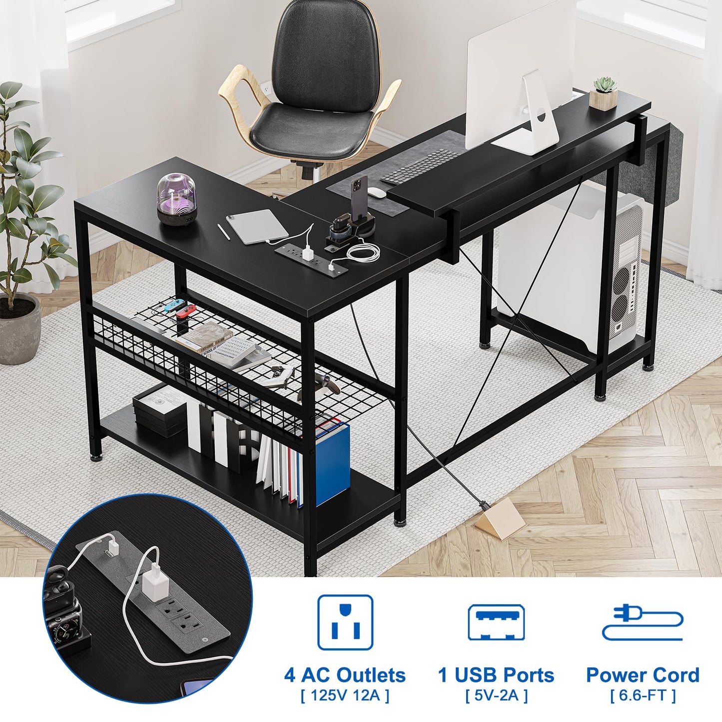 49" L Shaped Desk with Power Outlet & LED Lights, Reversible Corner Computer Desk with Storage Shelves & Monitor Stand, Home Office Desk for Gaming Writing Study (White)