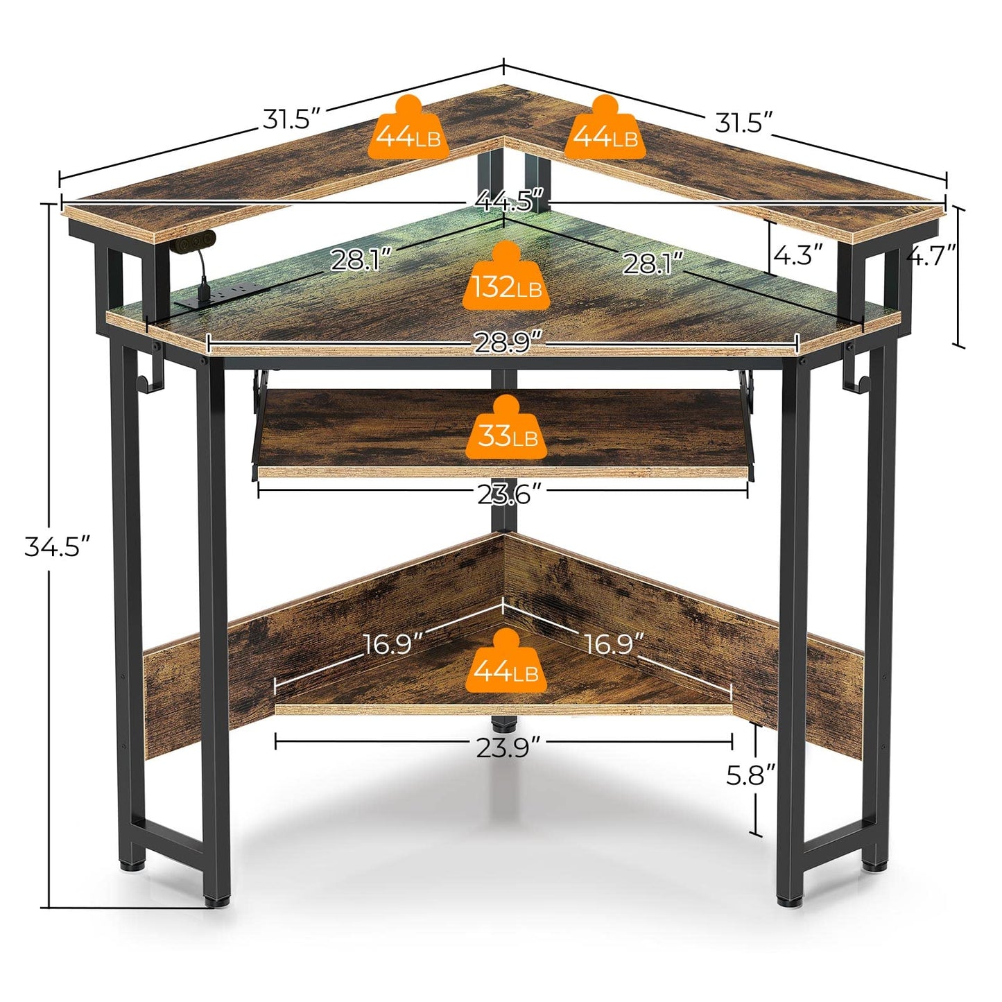 Rolanstar Corner Desk, 44.5"W x 34.5"H Small Computer Desk with Power Outlets & LED Lights, Triangle corner computer desk with Keyboard Tray & Monitor Stand for Small Space, Small Office Desk, White