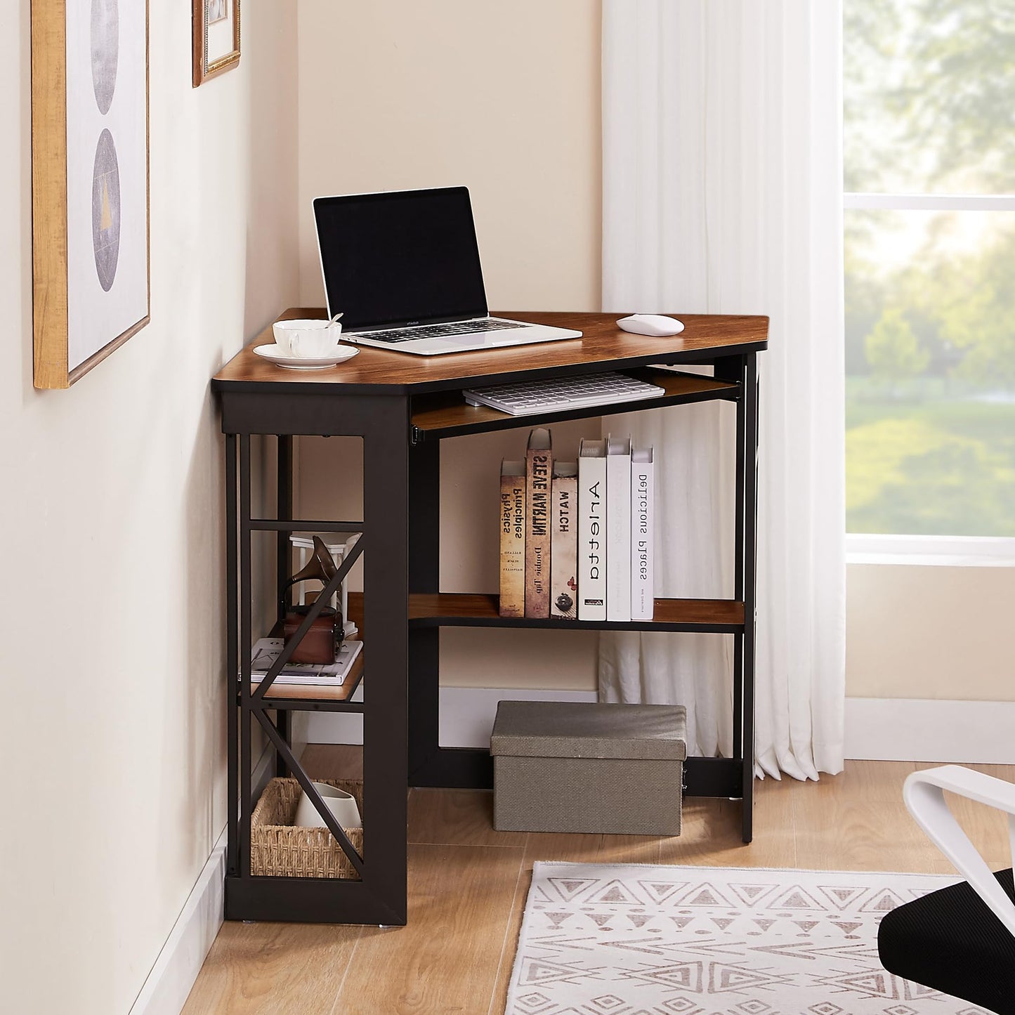 VECELO Corner Computer Desk 41 x 30 inches with Smooth Keyboard & Storage Shelves for Home Office Workstation, Black