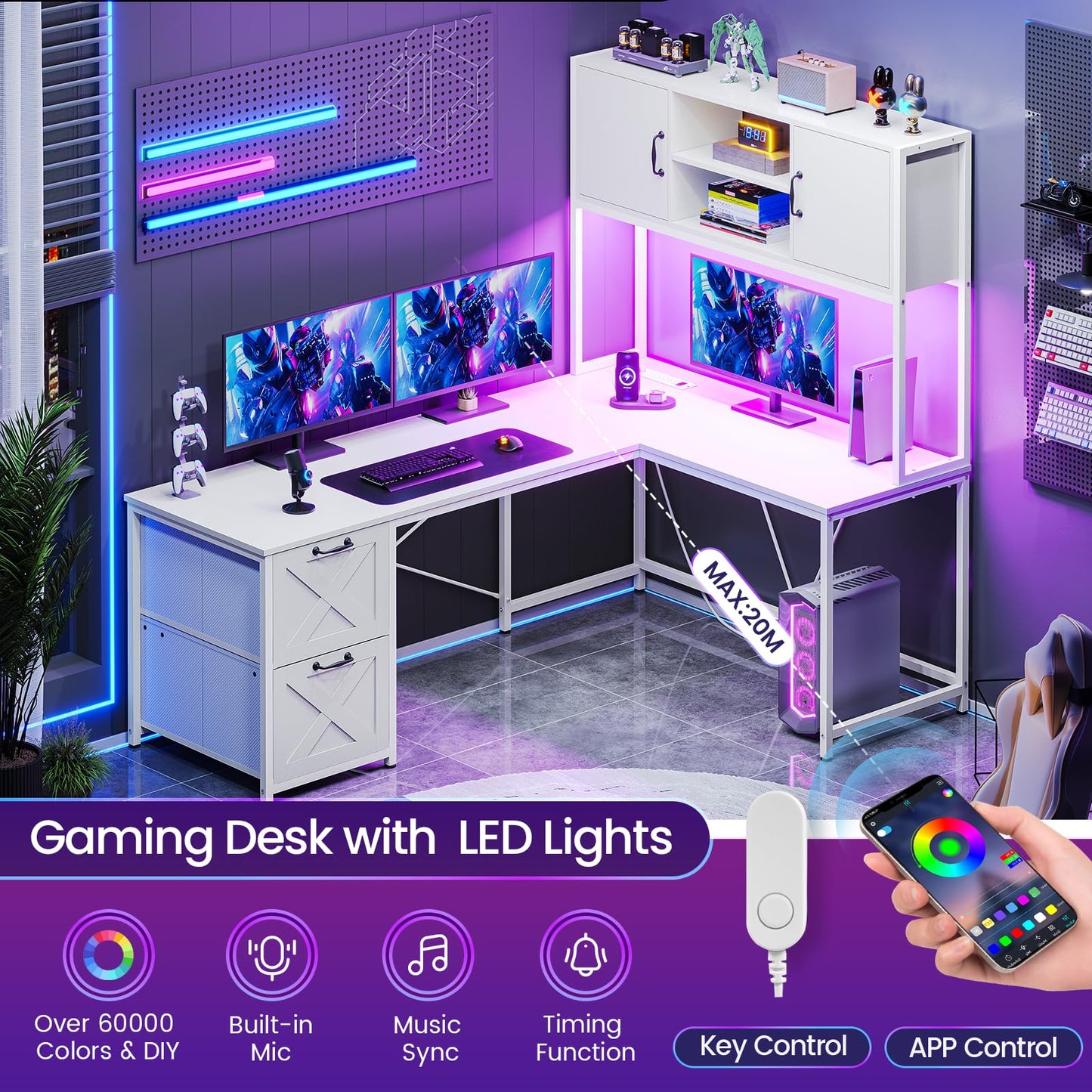 SEDETA Corner Computer Desk, Reversible L Shaped Computer Desk with Fabric Drawers and Power Outlet, Gaming Desk with Led Lights, Hutch and Storage Shelf for Home Office, Black