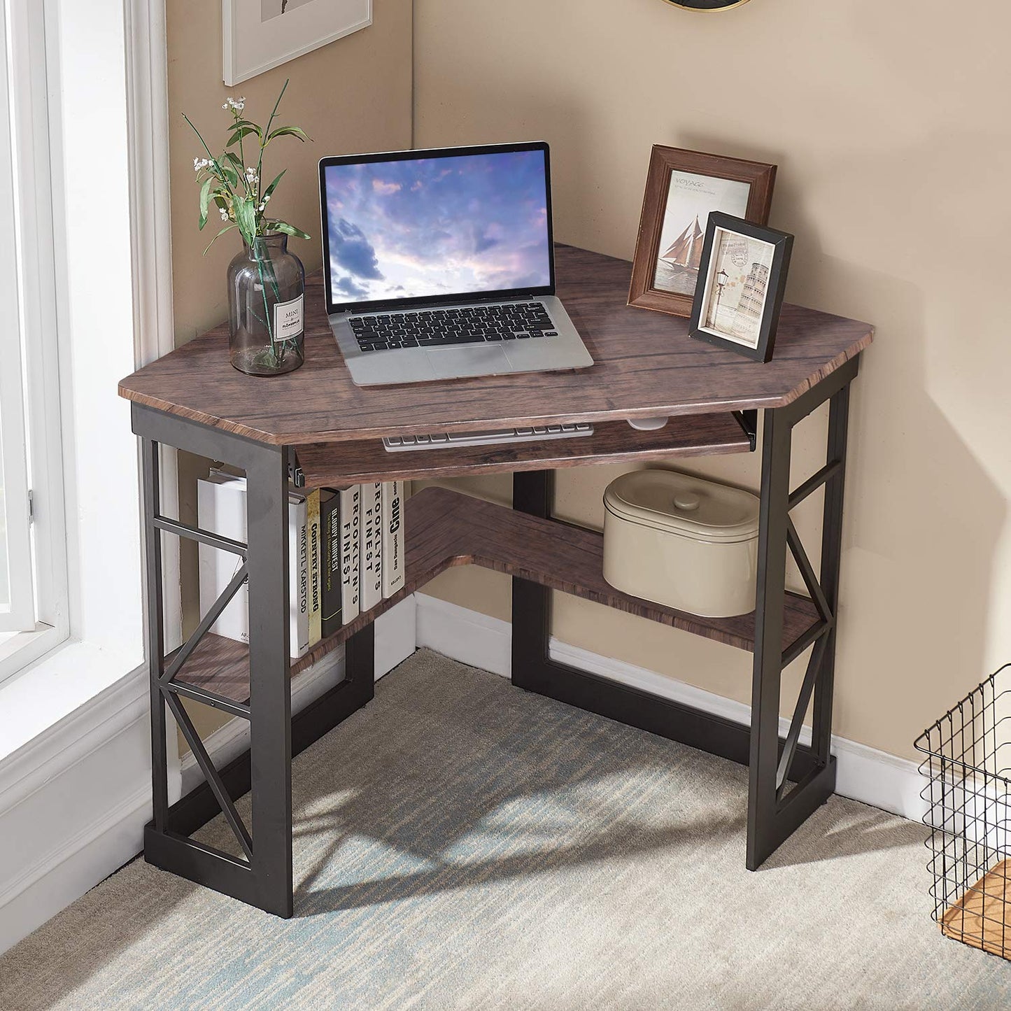 VECELO Corner Computer Desk Writing Smooth Keyboard Tray & Storage Shelves,Compact Home Office Triangle Table, Antique Brown